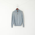 Hugo Boss Men L (S) Jumper Blue Cotton Faded Zip Neck Classic Plain Sweater
