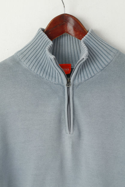 Hugo Boss Hommes L (S) Jumper Bleu Coton Délavé Zip Neck Classic Plain Sweater