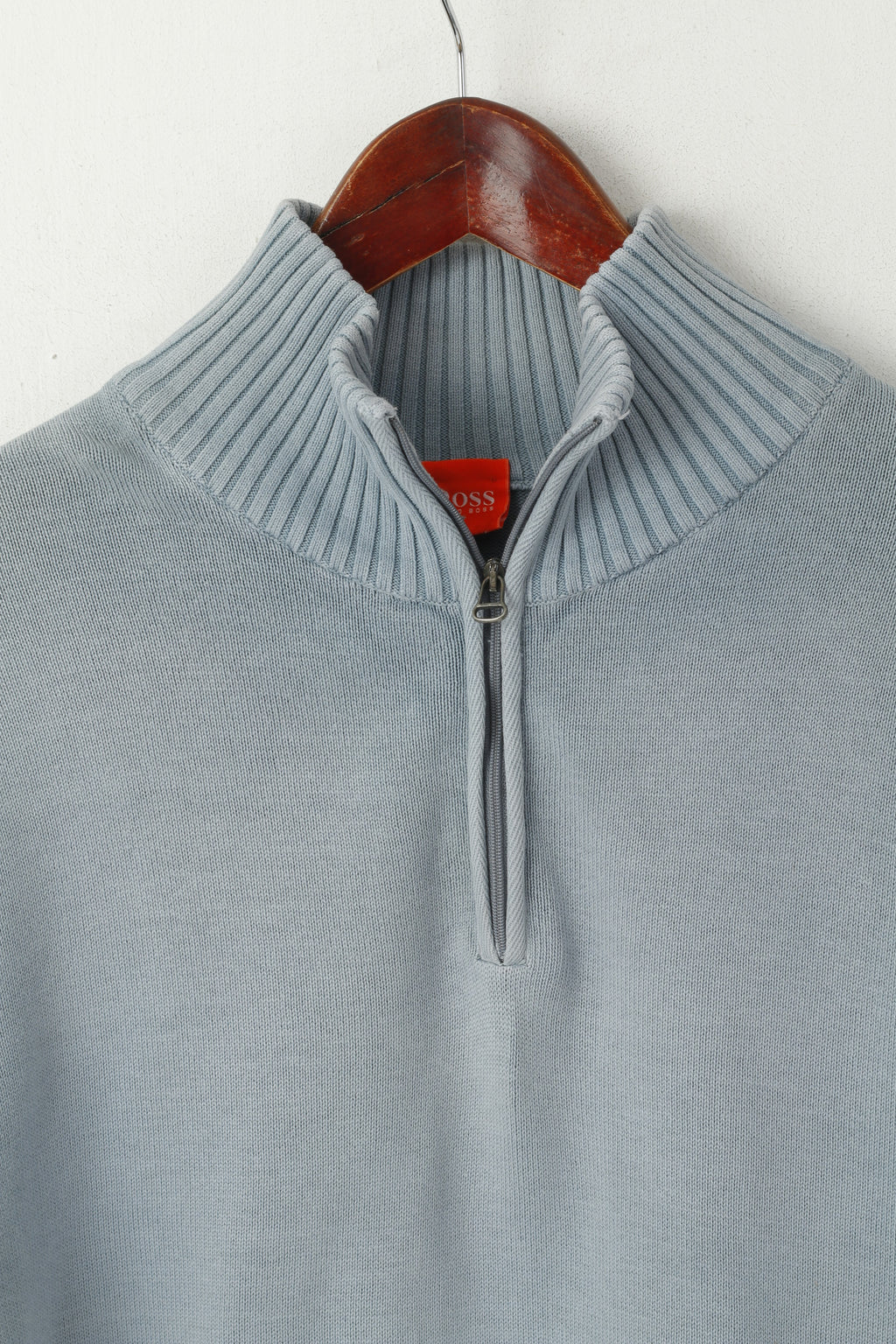Hugo Boss Men L (S) Jumper Blue Cotton Faded Zip Neck Classic Plain Sweater
