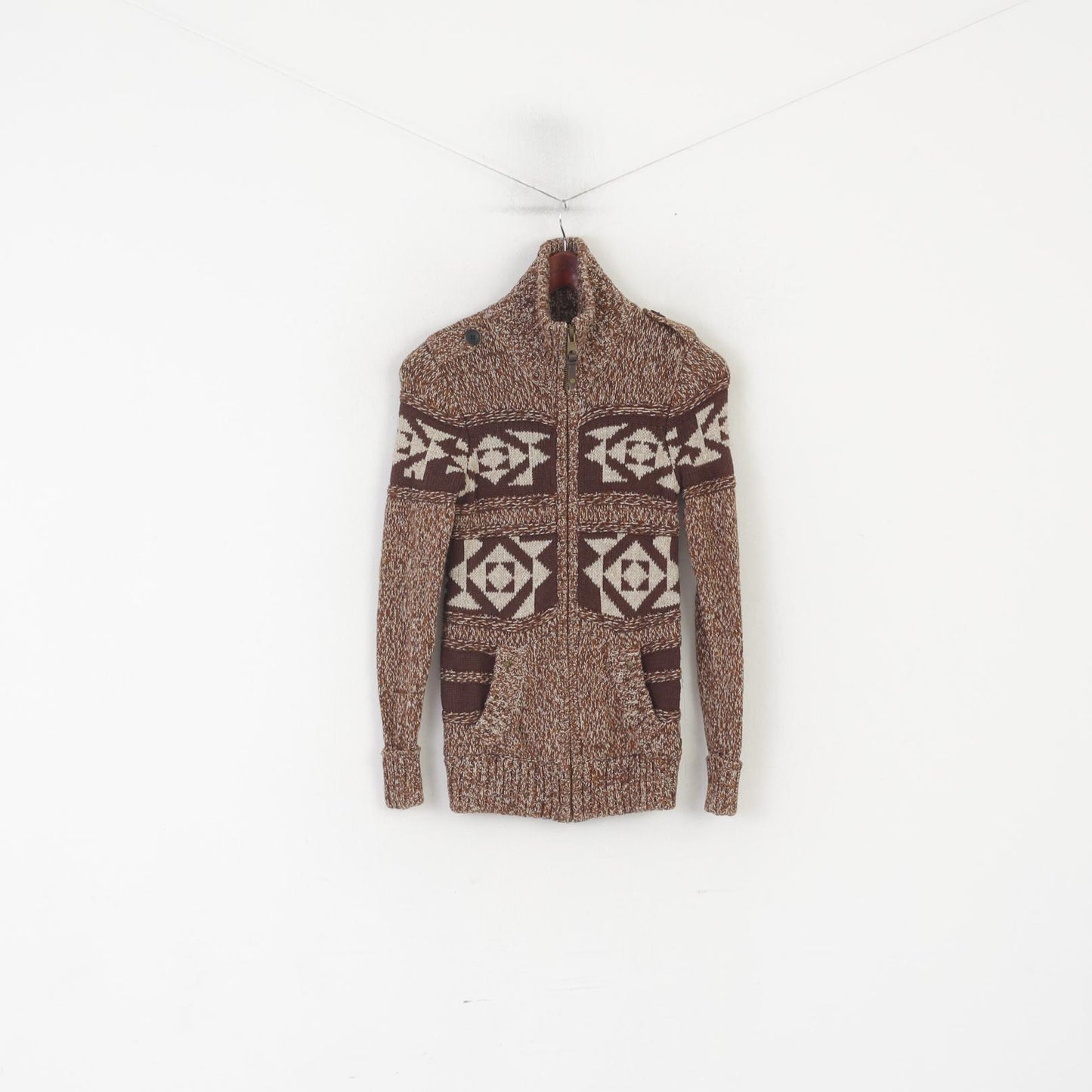 Groggy by jbc Women XS Cardigan Brown Cotton Aztec Full Zipper Fit Knit Sweater