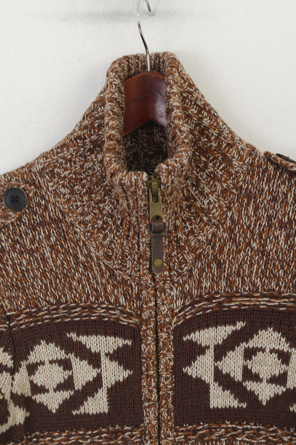 Groggy by jbc Women XS Cardigan Brown Cotton Aztec Full Zipper Fit Knit Sweater