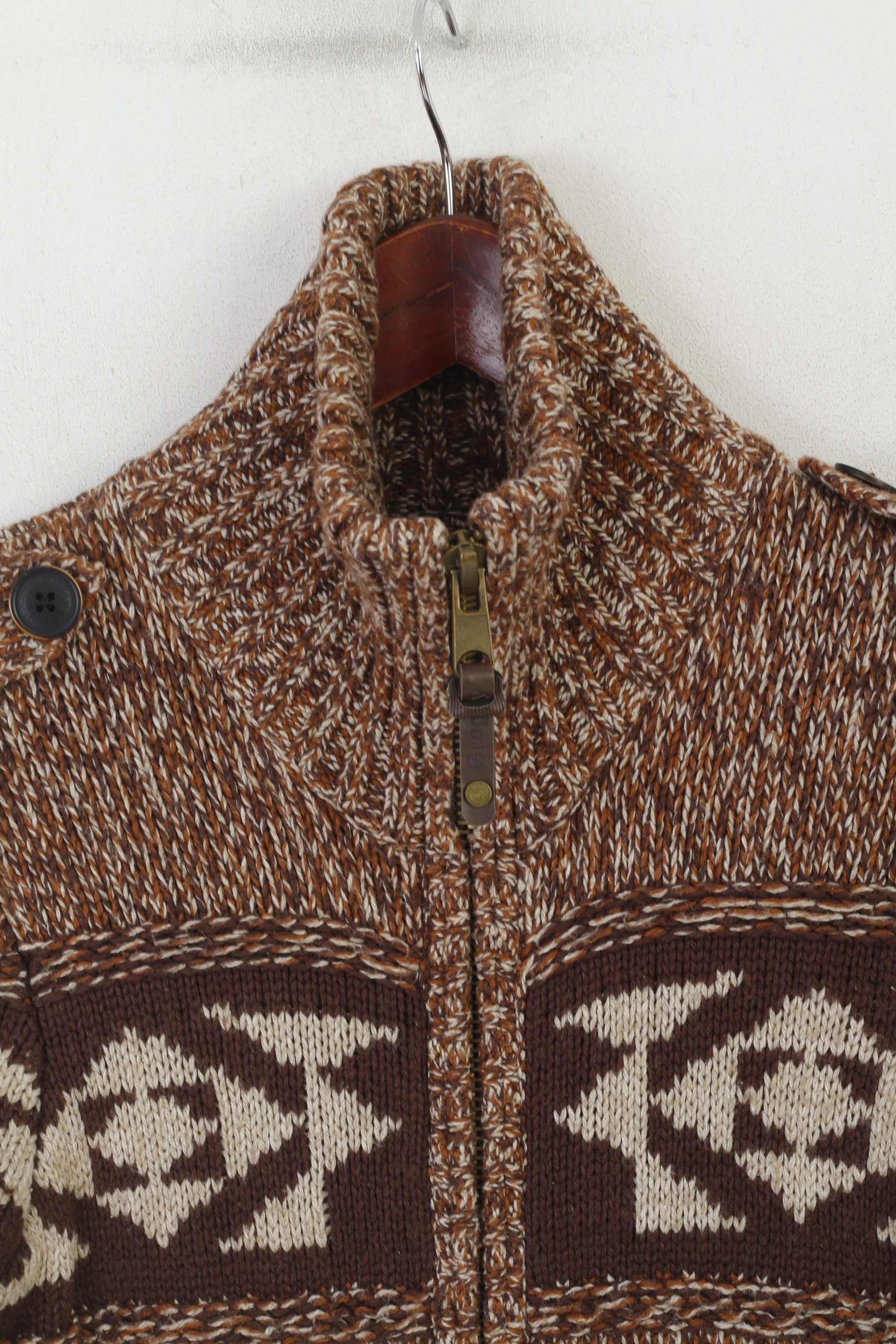 Groggy by jbc Women XS Cardigan Brown Cotton Aztec Full Zipper Fit Knit Sweater