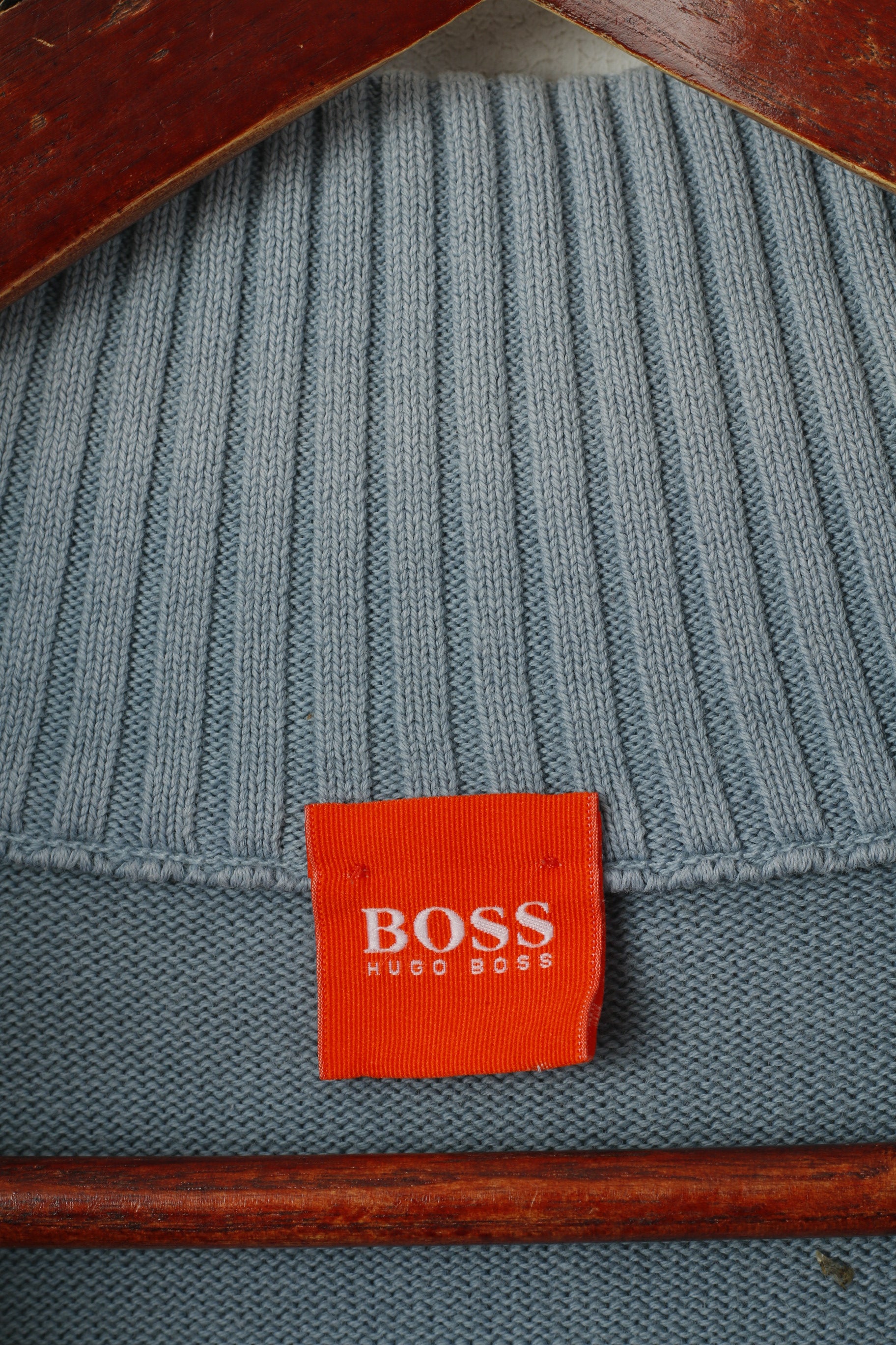 Hugo Boss Hommes L (S) Jumper Bleu Coton Délavé Zip Neck Classic Plain Sweater