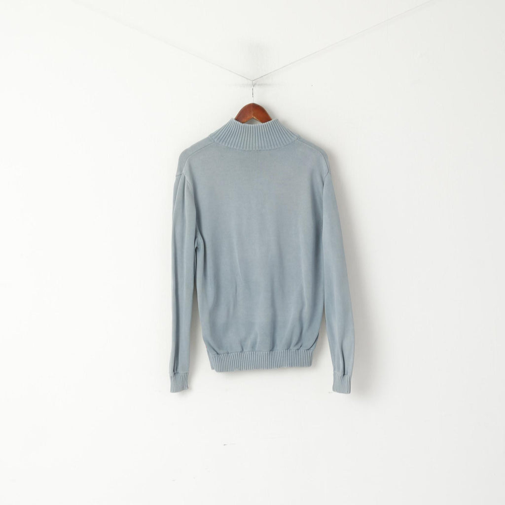 Hugo Boss Men L (S) Jumper Blue Cotton Faded Zip Neck Classic Plain Sweater