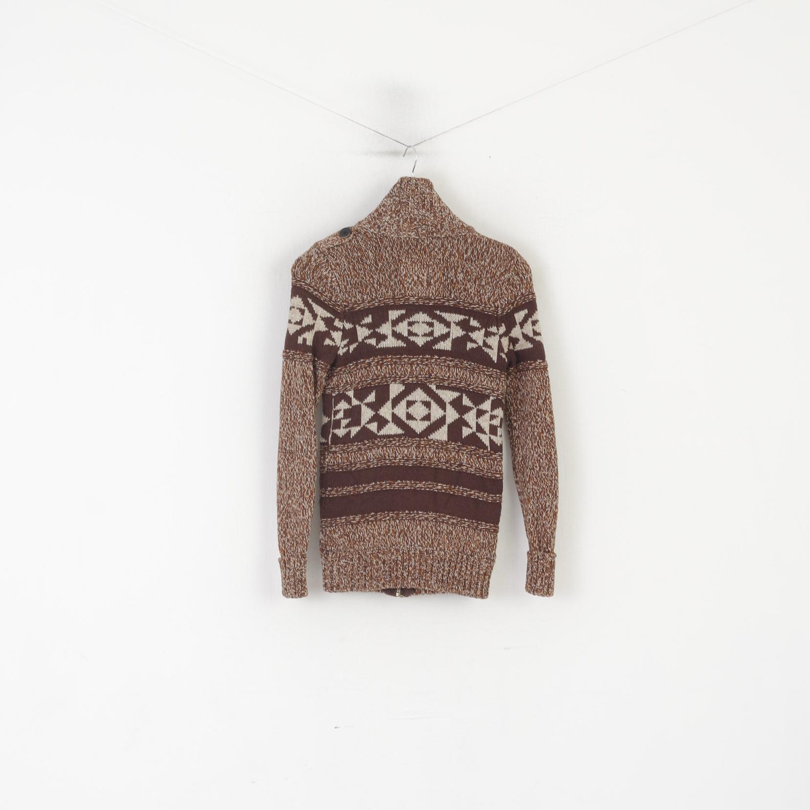 Groggy by jbc Women XS Cardigan Brown Cotton Aztec Full Zipper Fit Knit Sweater