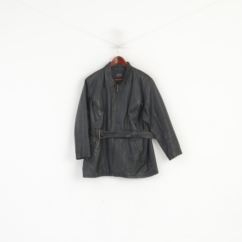 JOY Veste en cuir XL pour femme - Noir - Vintage - Ceinture de motard - Fermeture éclair intégrale - Haut rétro