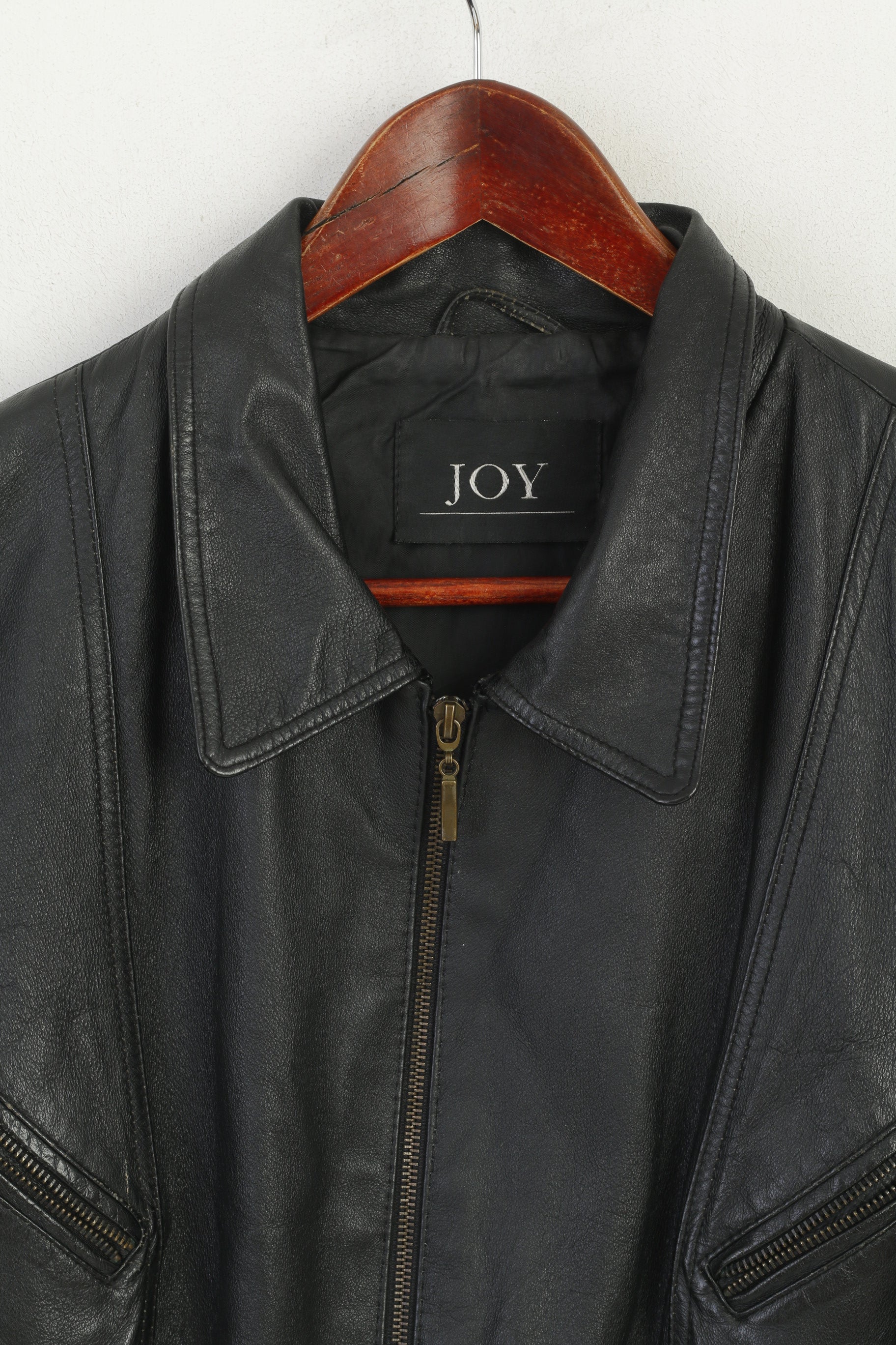 JOY Veste en cuir XL pour femme - Noir - Vintage - Ceinture de motard - Fermeture éclair intégrale - Haut rétro