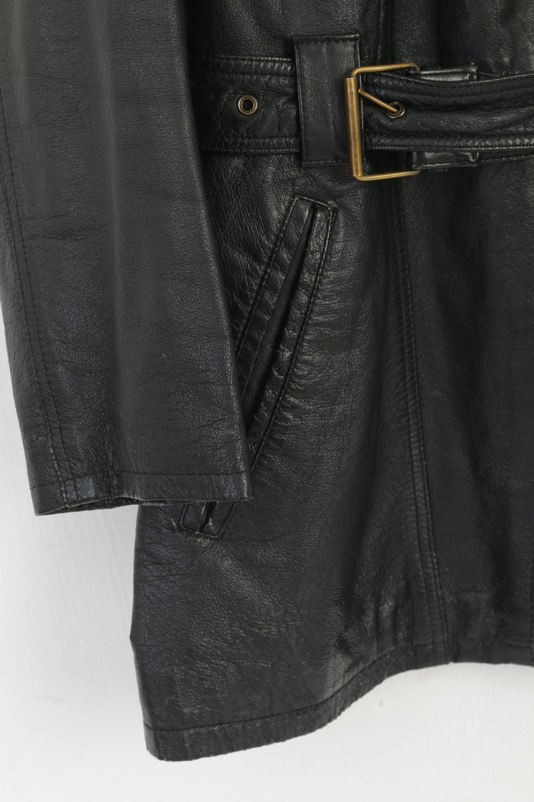JOY Veste en cuir XL pour femme - Noir - Vintage - Ceinture de motard - Fermeture éclair intégrale - Haut rétro