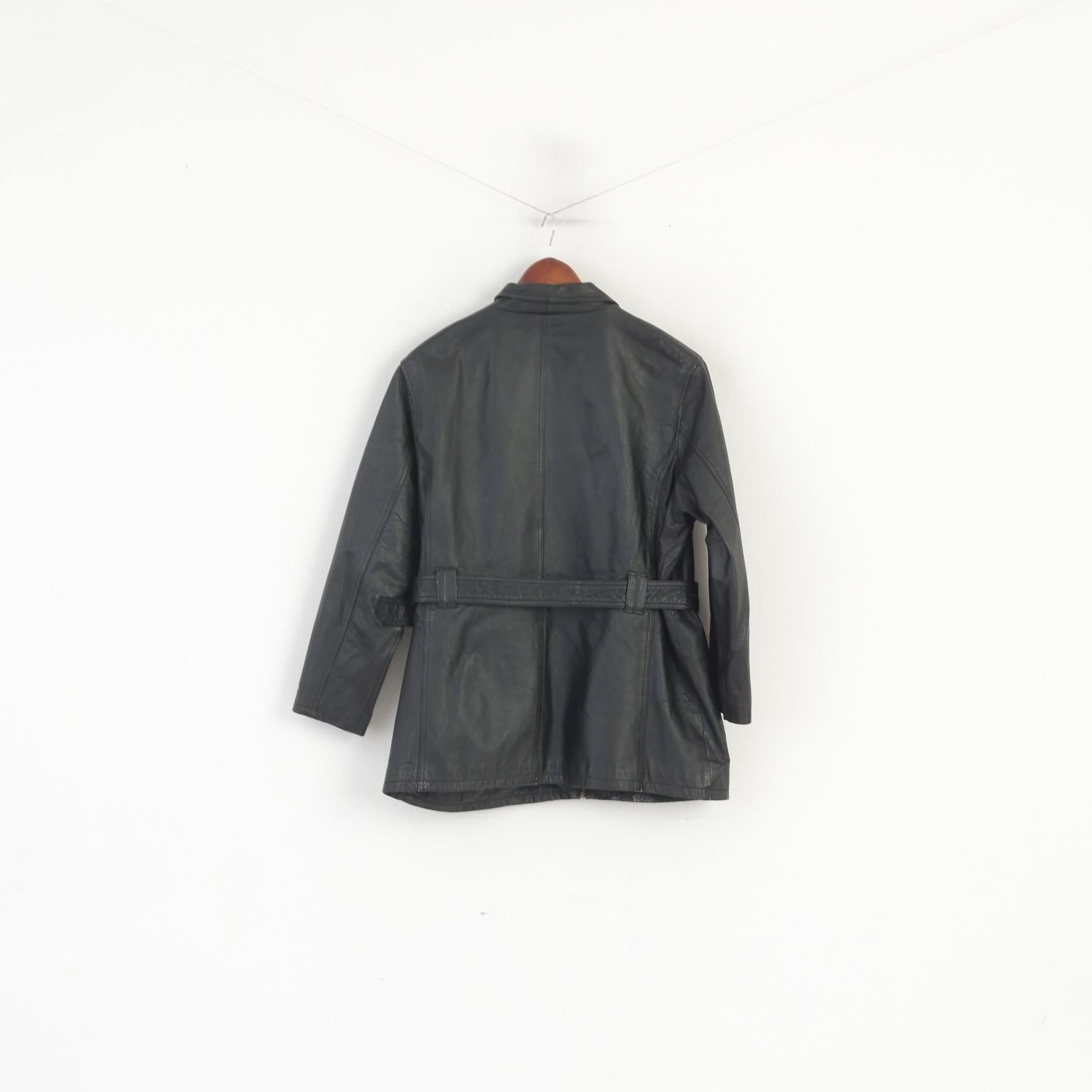 JOY Veste en cuir XL pour femme - Noir - Vintage - Ceinture de motard - Fermeture éclair intégrale - Haut rétro