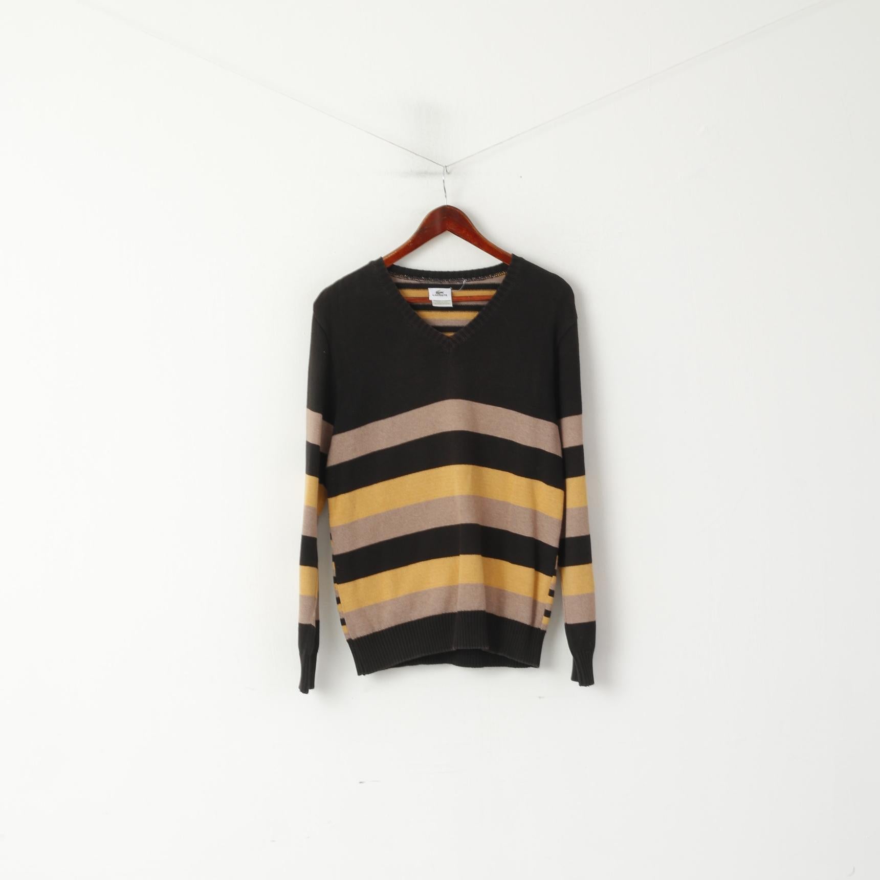 Lacoste Pull classique à col en V en coton rayé marron et noir pour homme