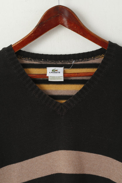 Lacoste Men S Jumper Brown Black Striped Cotton V Neck Classic Sweater