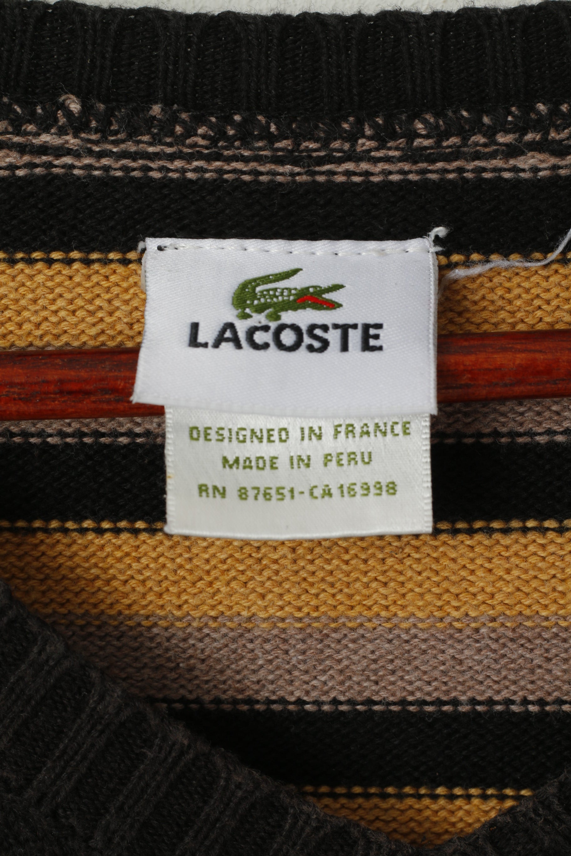 Lacoste Pull classique à col en V en coton rayé marron et noir pour homme