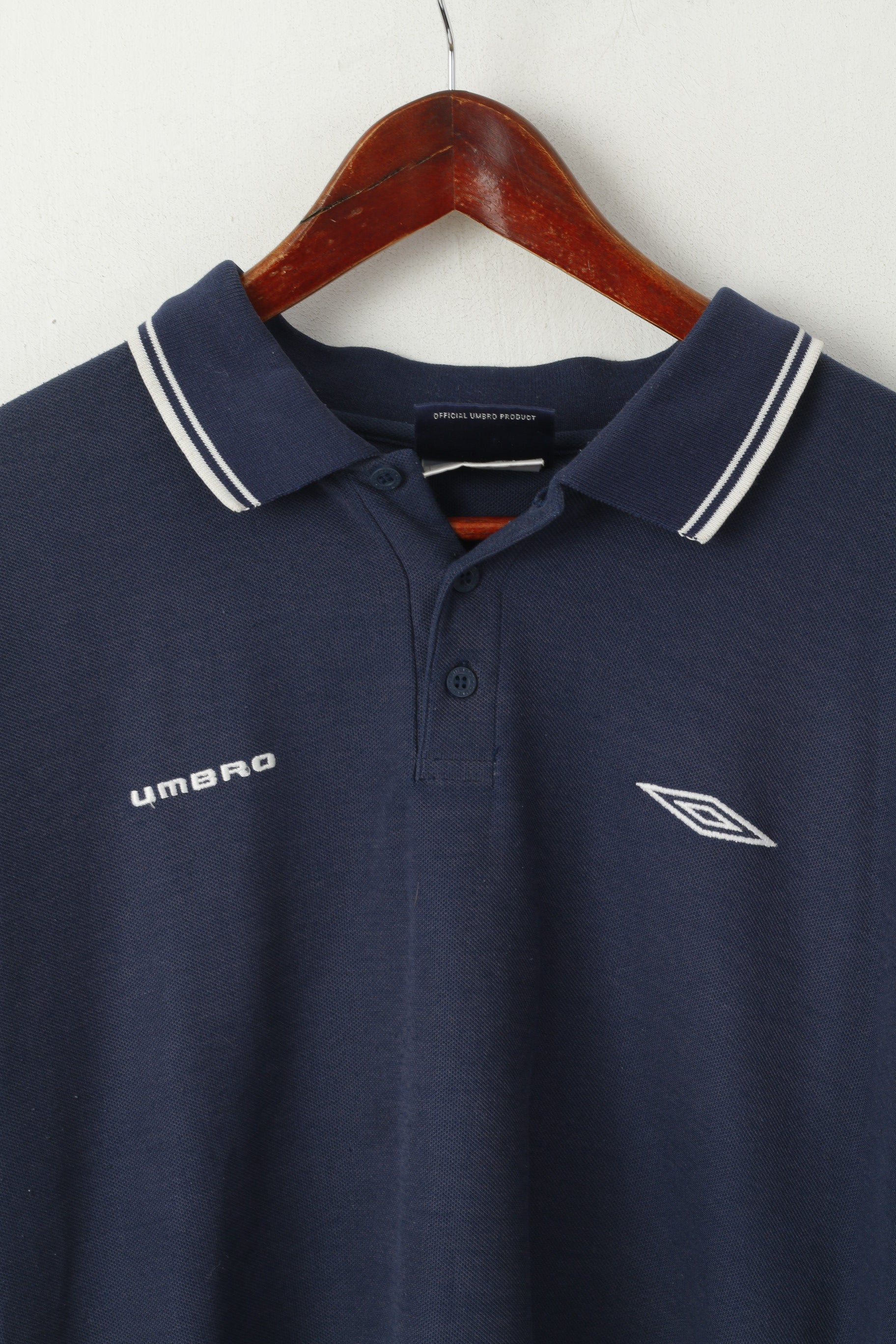 Umbro Hommes XL Polo Marine Coton Mélange Manches Courtes Vintage 90s Top