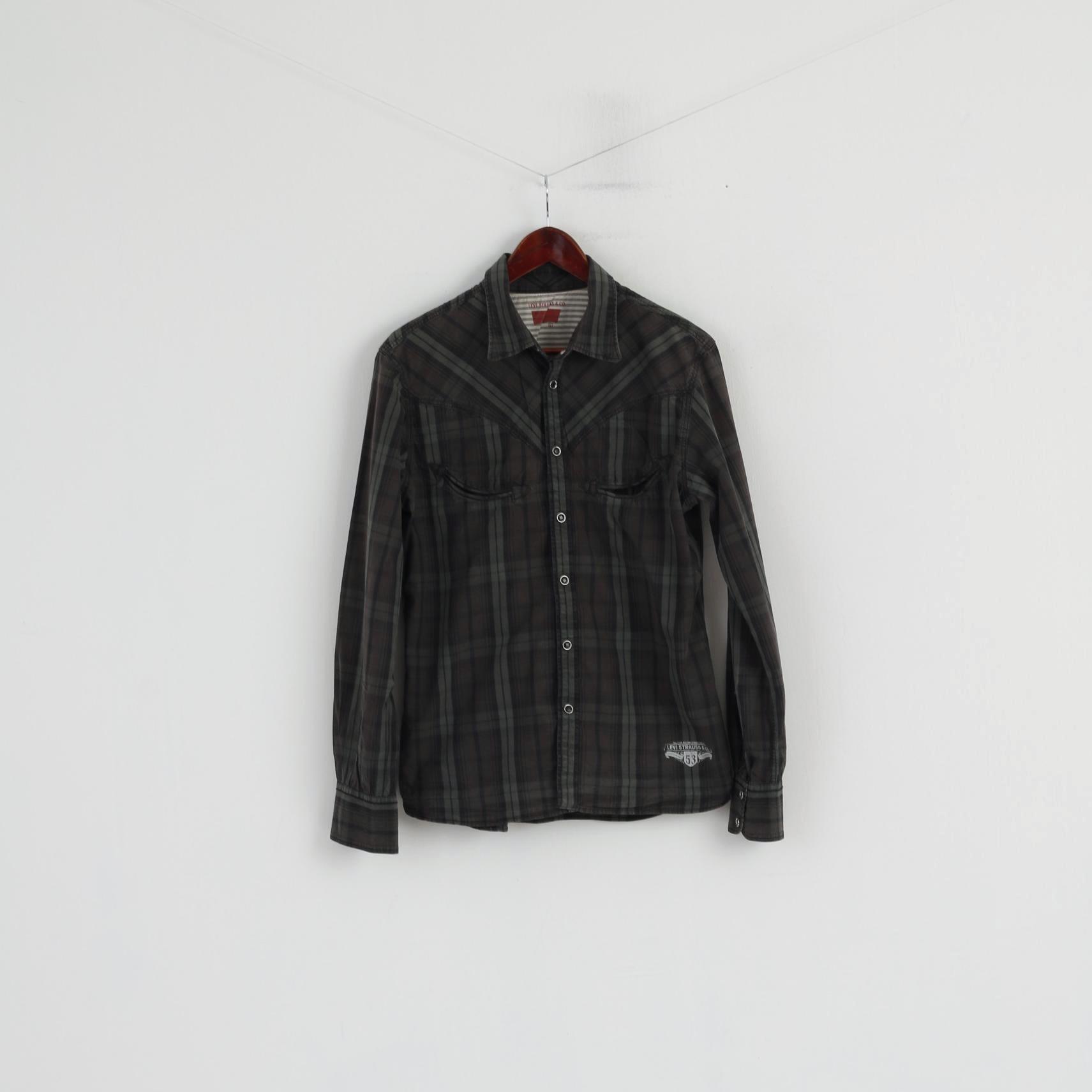 Levi's Men L (M) Chemise décontractée Vert à carreaux en coton avec boutons-pression Army Haut à manches longues
