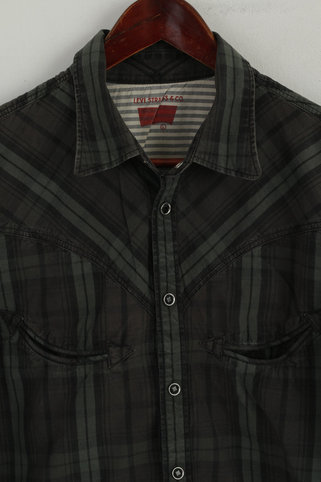 Levi's Men L (M) Chemise décontractée Vert à carreaux en coton avec boutons-pression Army Haut à manches longues