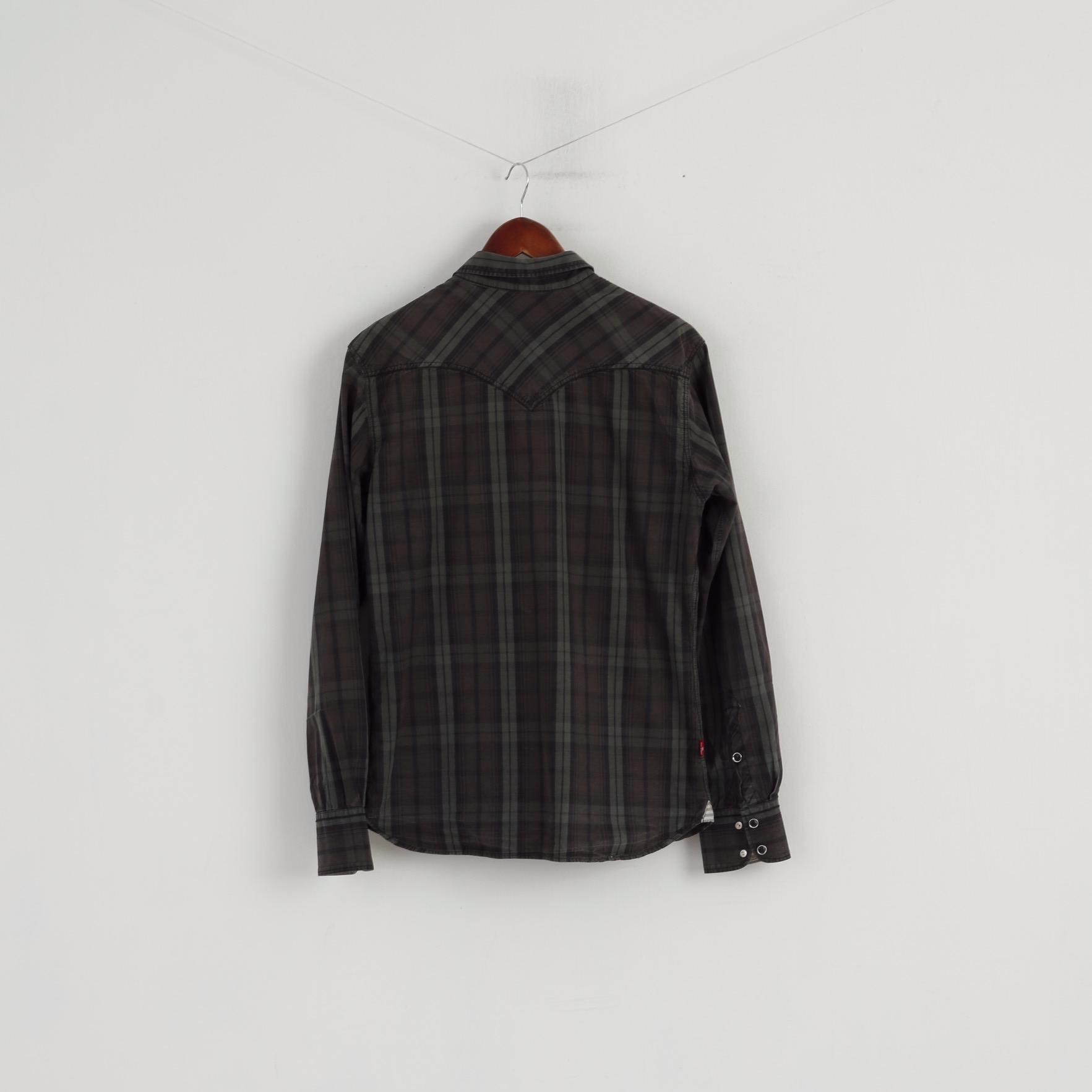 Levi's Men L (M) Chemise décontractée Vert à carreaux en coton avec boutons-pression Army Haut à manches longues