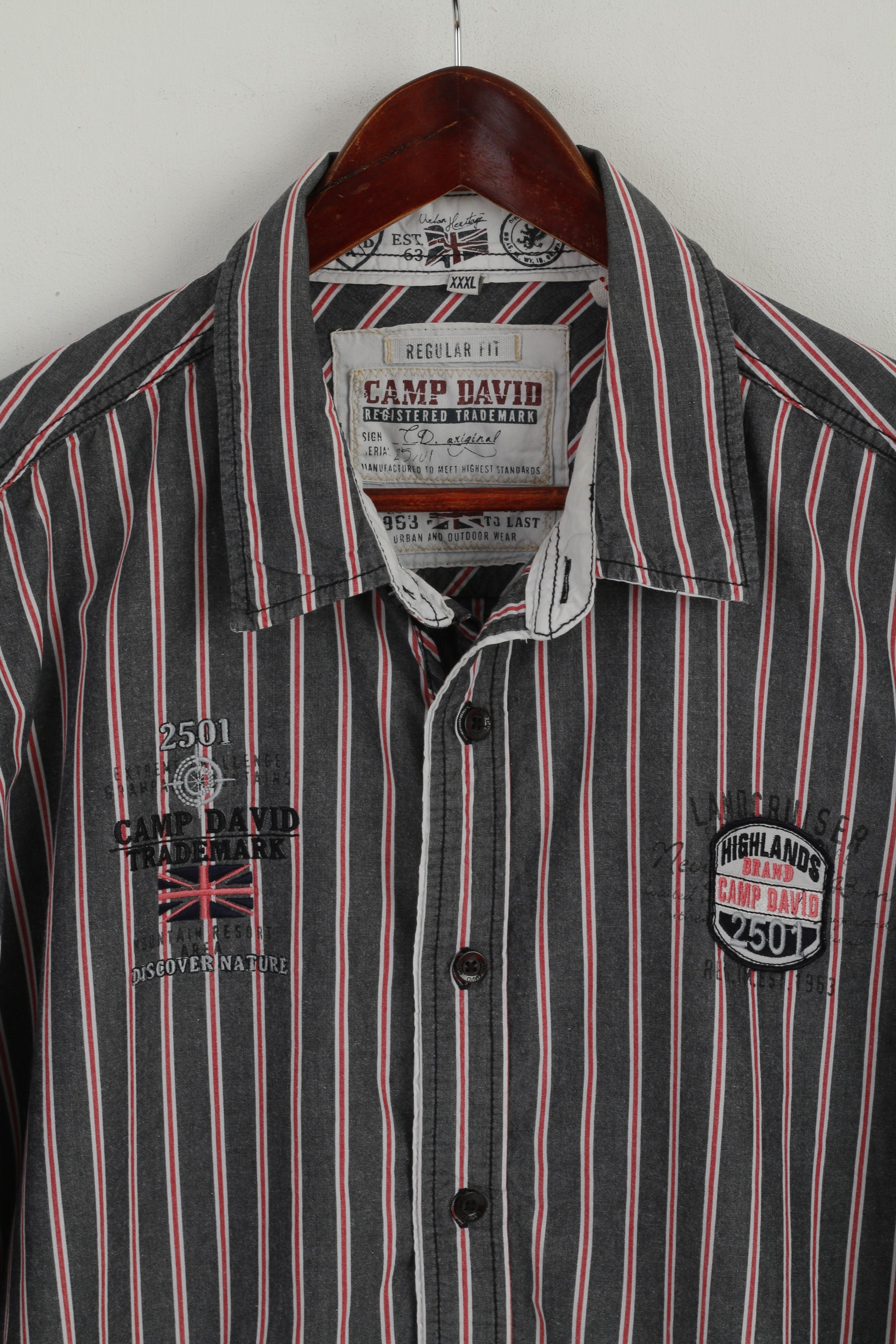 Camp David Men 3XL Casual Shirt Grey Striped Cotton Discover Nature Long Sleeve Top