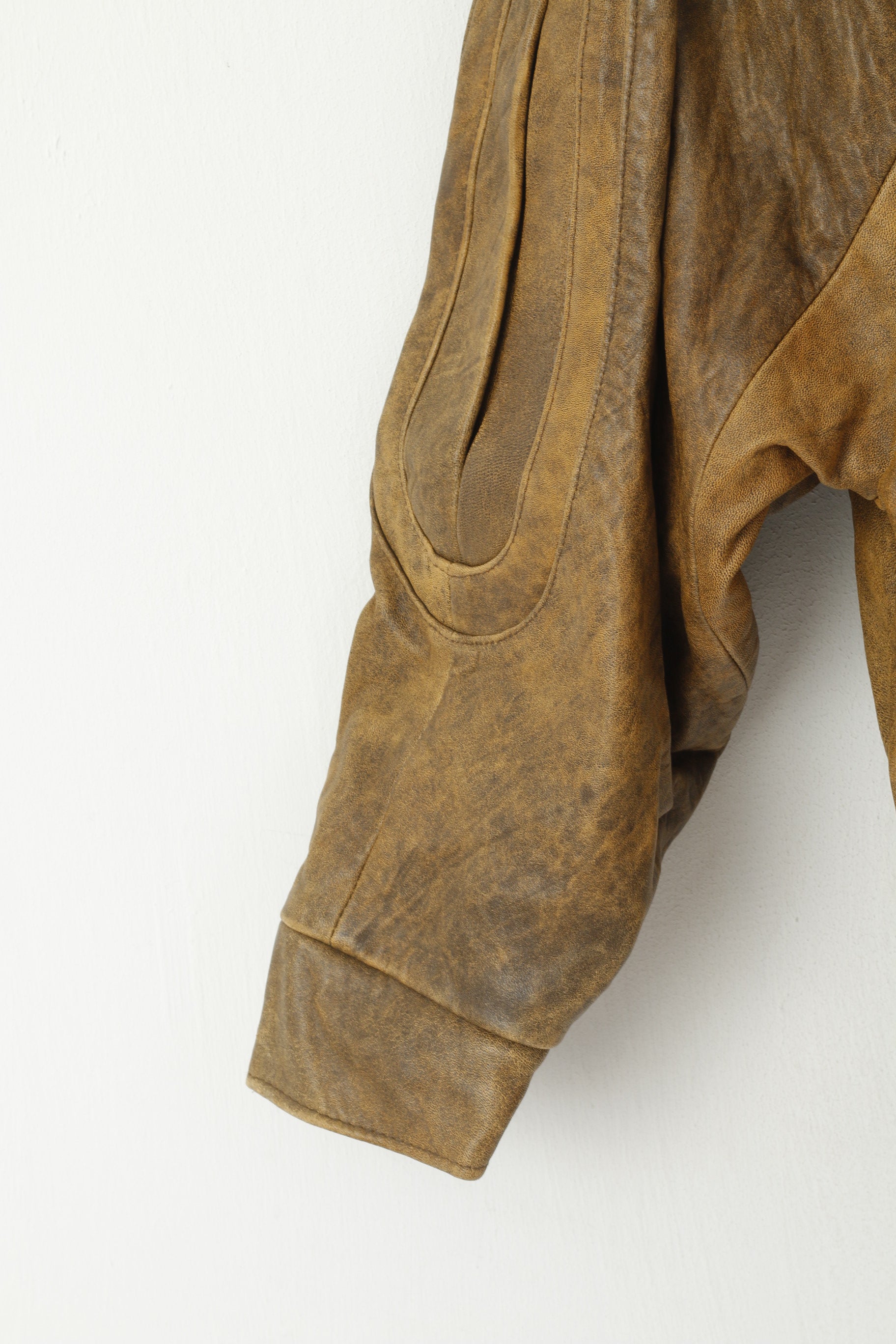 JAMA Women M Jacket Brown Bomber Leather Shoulder Pads Vintage Biker Top