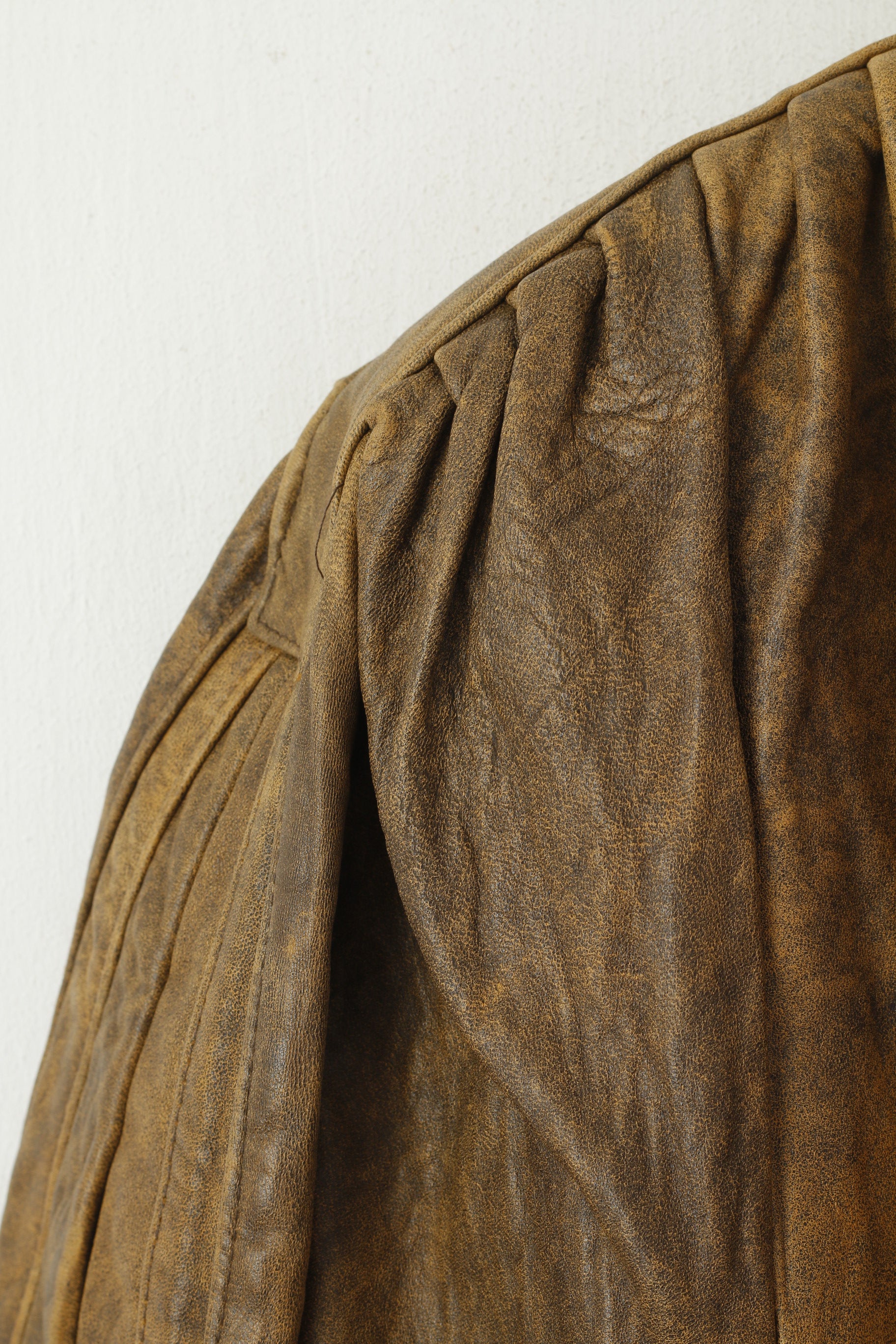 JAMA Women M Jacket Brown Bomber Leather Shoulder Pads Vintage Biker Top