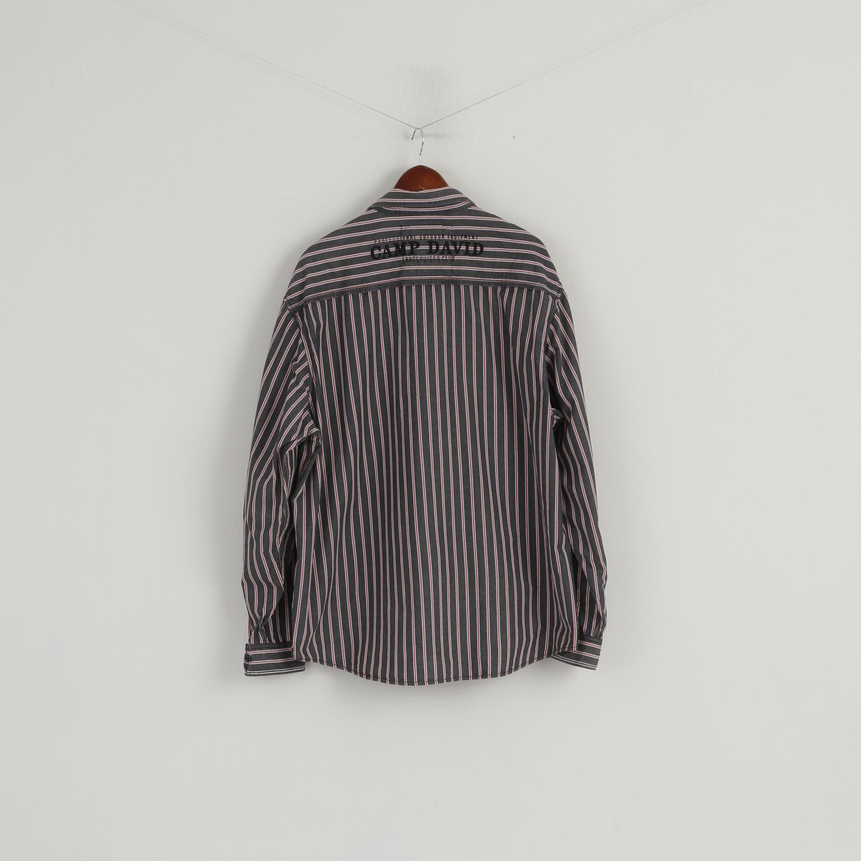 Camp David Men 3XL Casual Shirt Grey Striped Cotton Discover Nature Long Sleeve Top