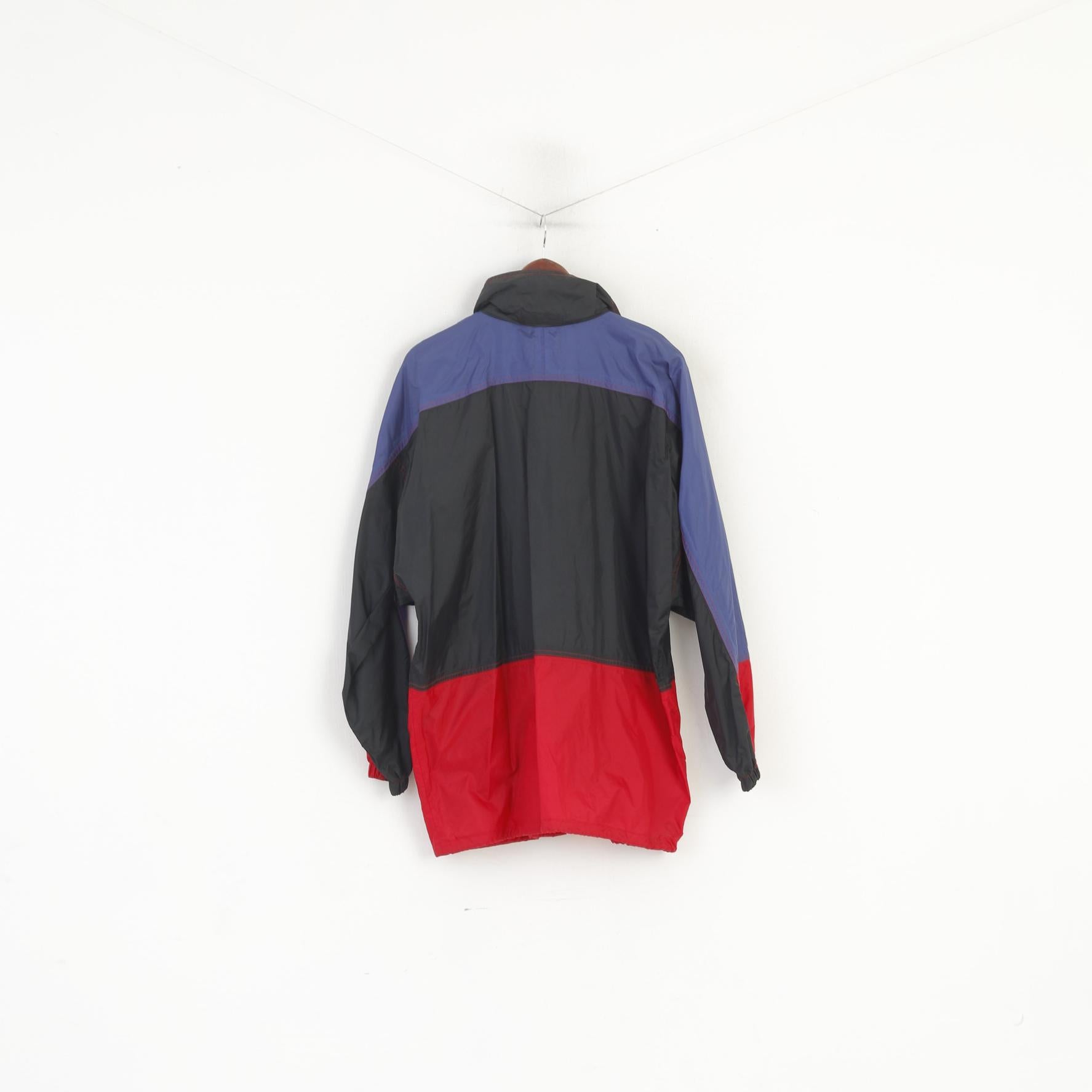 K-Way International Men L Jacket Black Red Vintage Nylon Hidded Hood Outdoor Top