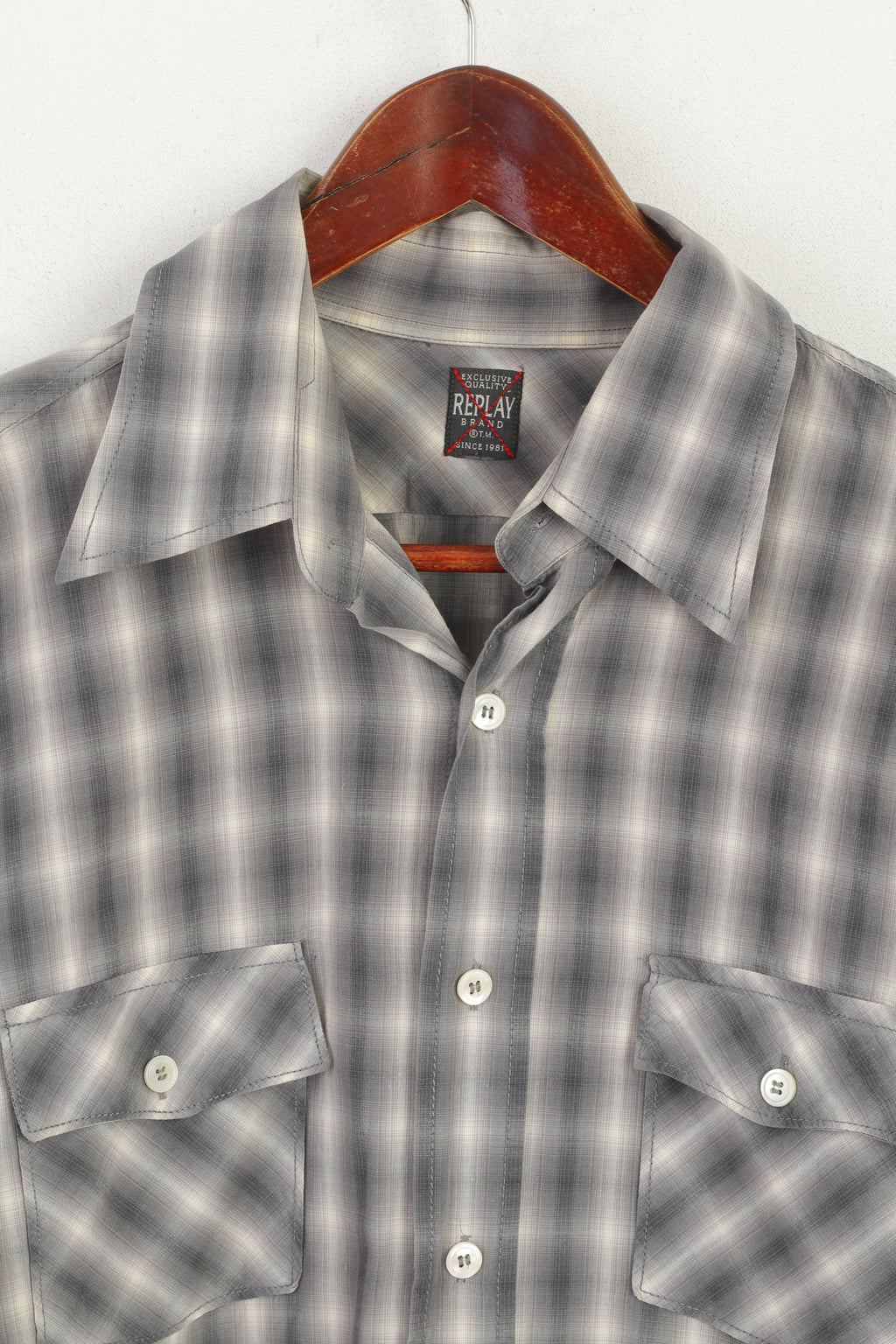 Replay Men L (M) Casual Shirt Grey Check Cotton New York Prince Street Top