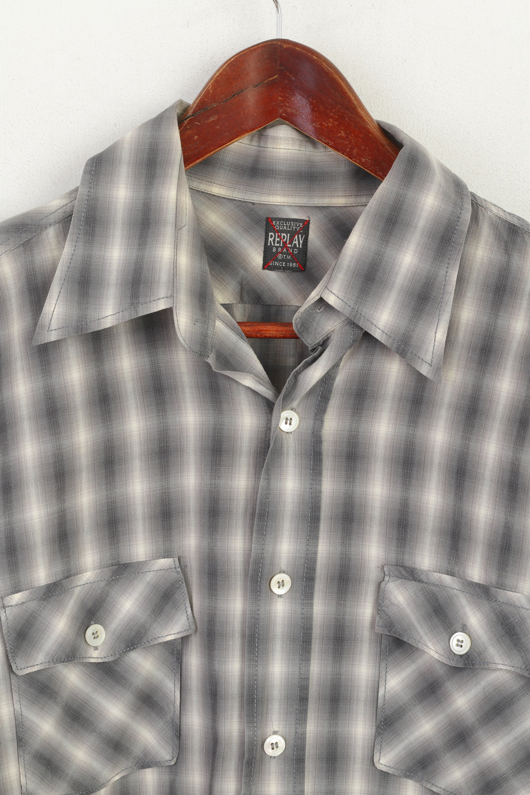 Replay Men L (M) Casual Shirt Grey Check Cotton New York Prince Street Top