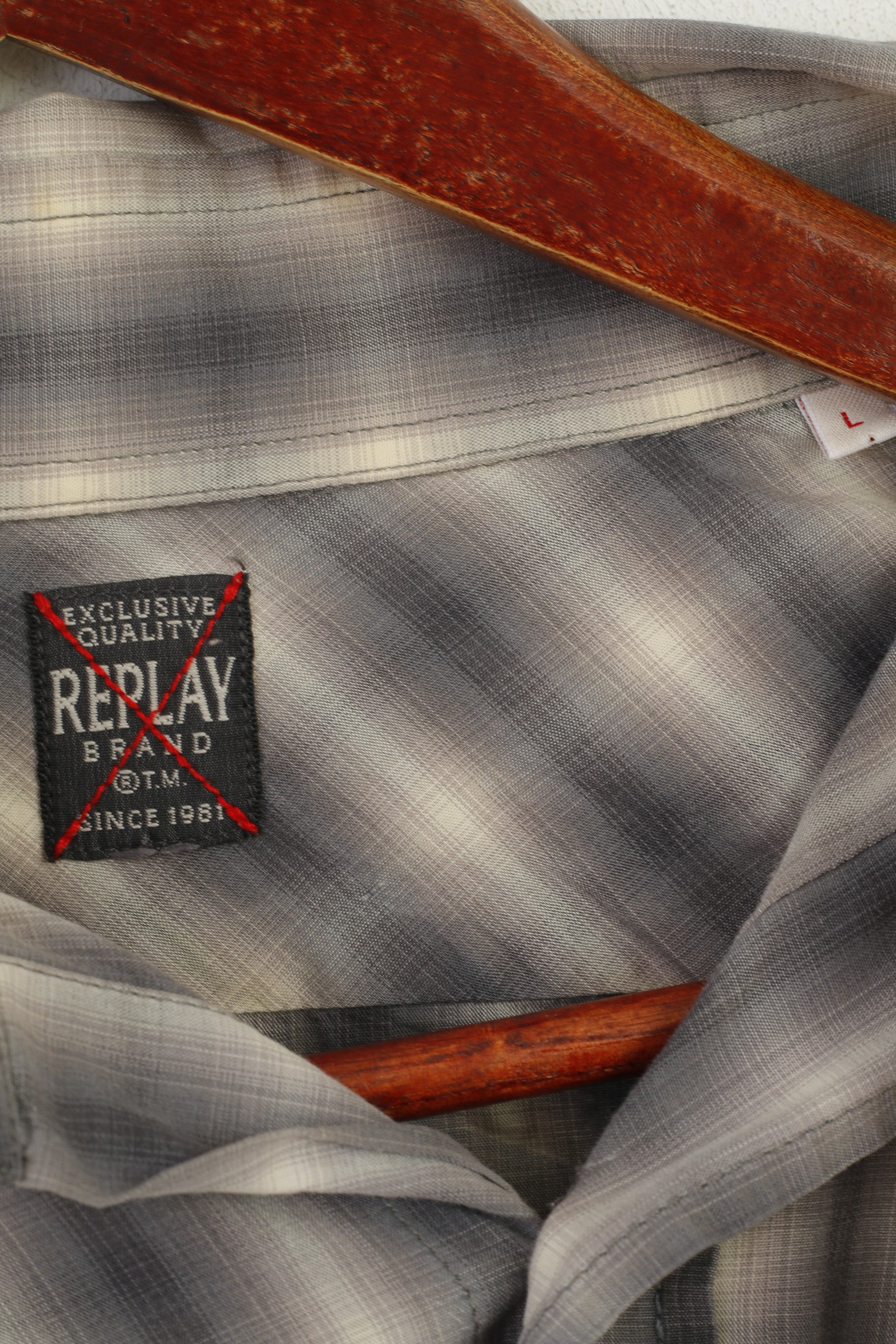 Replay Men L (M) Casual Shirt Grey Check Cotton New York Prince Street Top