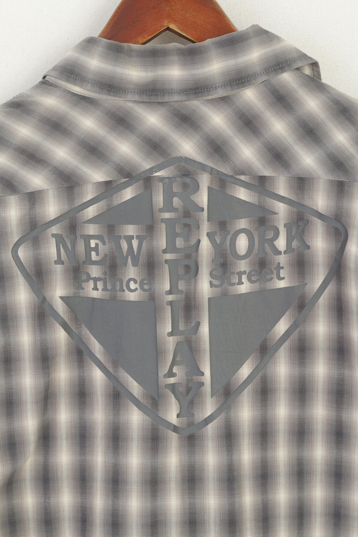 Replay Men L (M) Casual Shirt Grey Check Cotton New York Prince Street Top