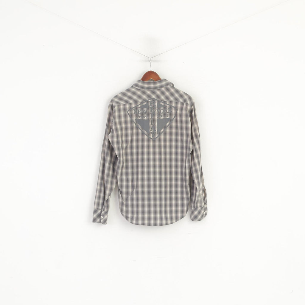 Replay Men L (M) Casual Shirt Grey Check Cotton New York Prince Street Top