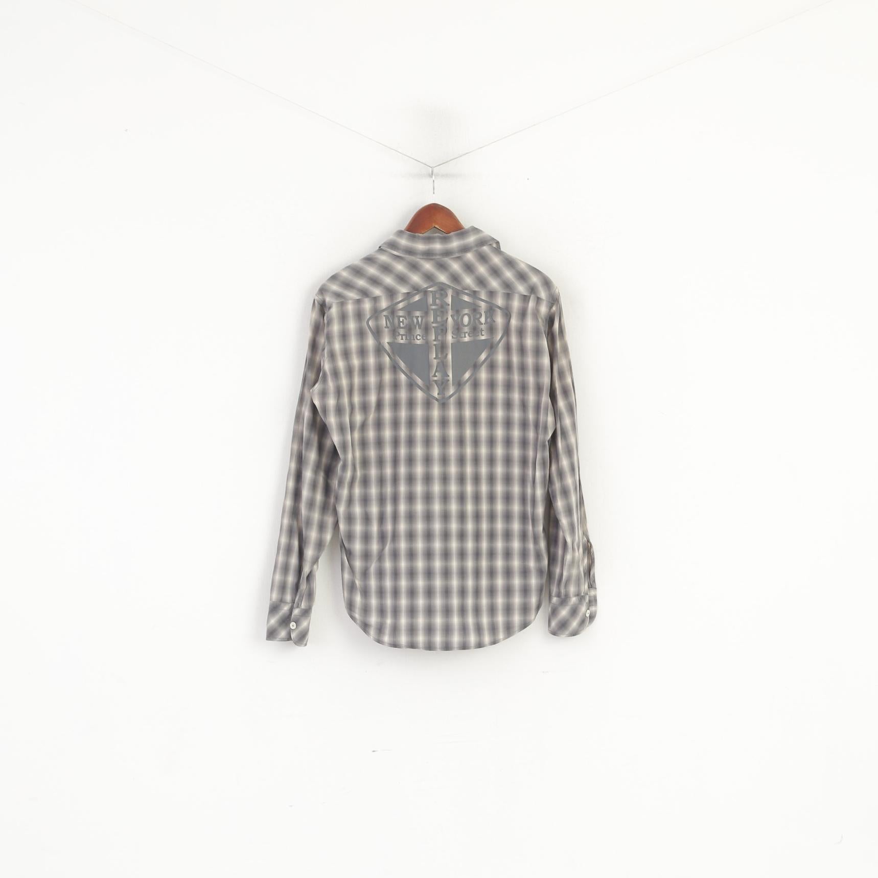Replay Men L (M) Casual Shirt Grey Check Cotton New York Prince Street Top