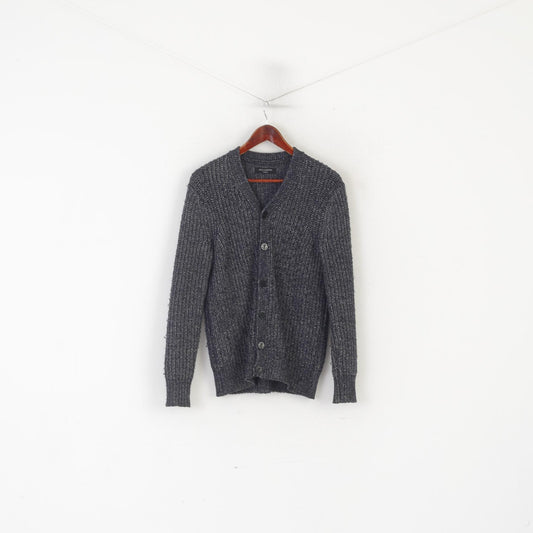 AllSaints Hommes XS Cardigan Marine Coton Tricot Style Stanmer Boutons Détaillés Pull