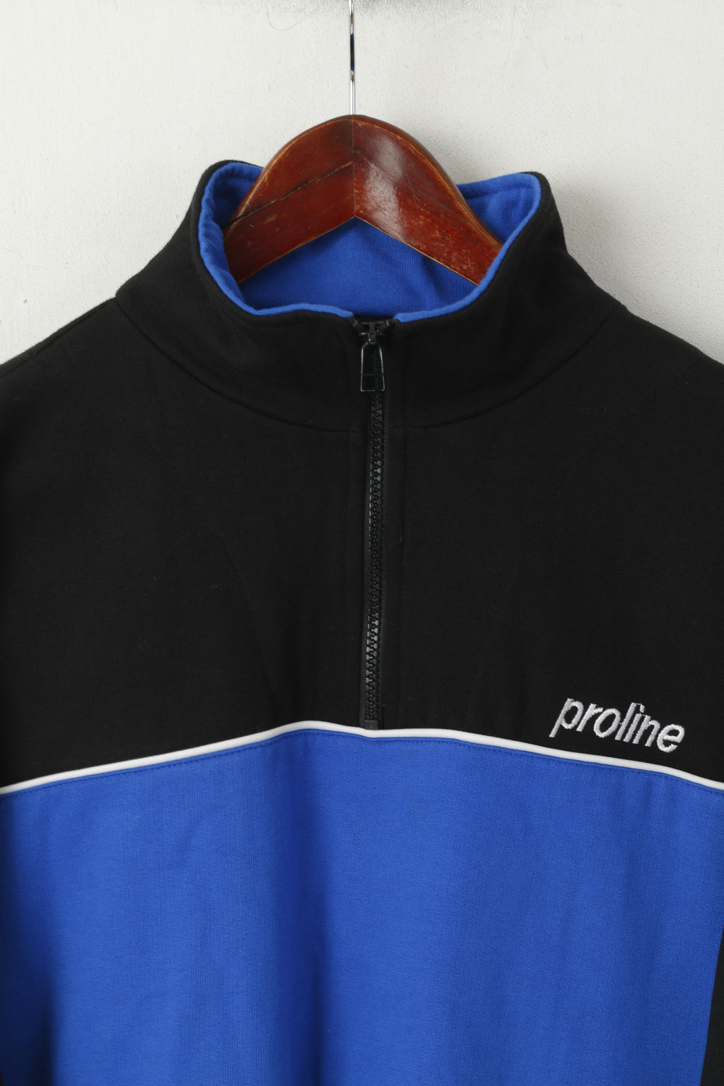 Pro Line Men XL Sweatshirt Bleu Coton Zip Neck Sportswear Rétro Années 90 Top