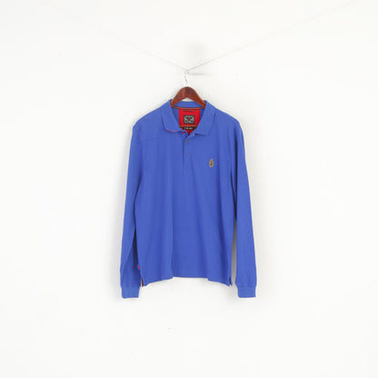 United Kingdom of Luke Men XXL (L) Polo Shirt Blue Royal Cotton Long Sleeve Top