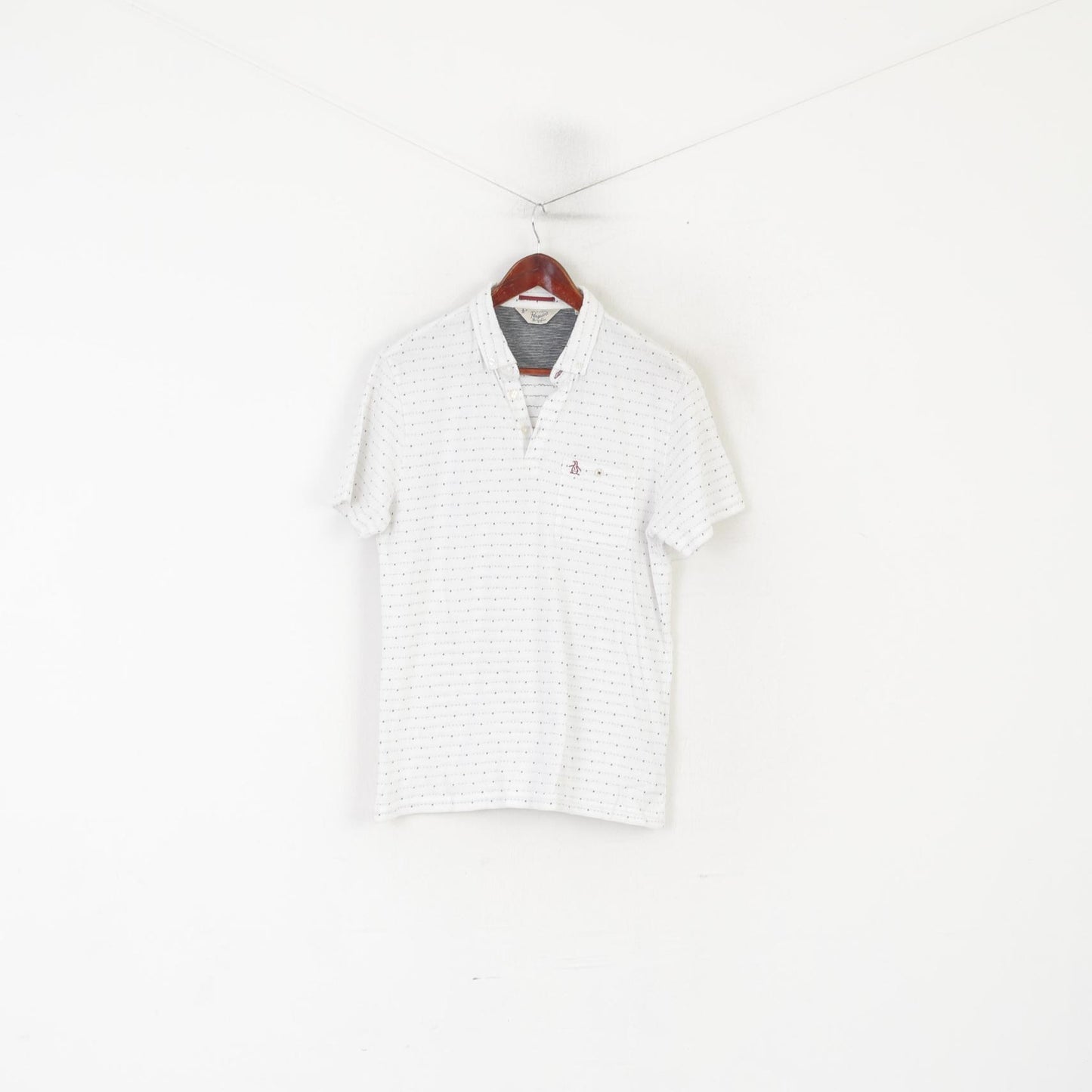 Penguin Men M Polo Shirt White Cotton Printed Detailed Buttons Logo Top