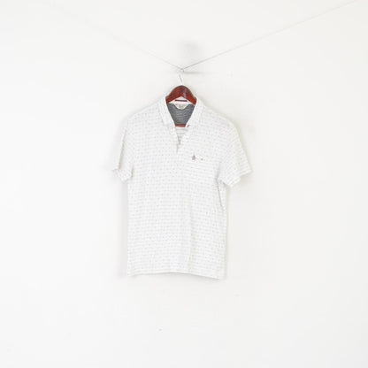 Penguin Men M Polo Shirt White Cotton Printed Detailed Buttons Logo Top