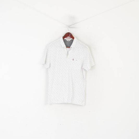 Penguin Men M Polo Shirt White Cotton Printed Detailed Buttons Logo Top