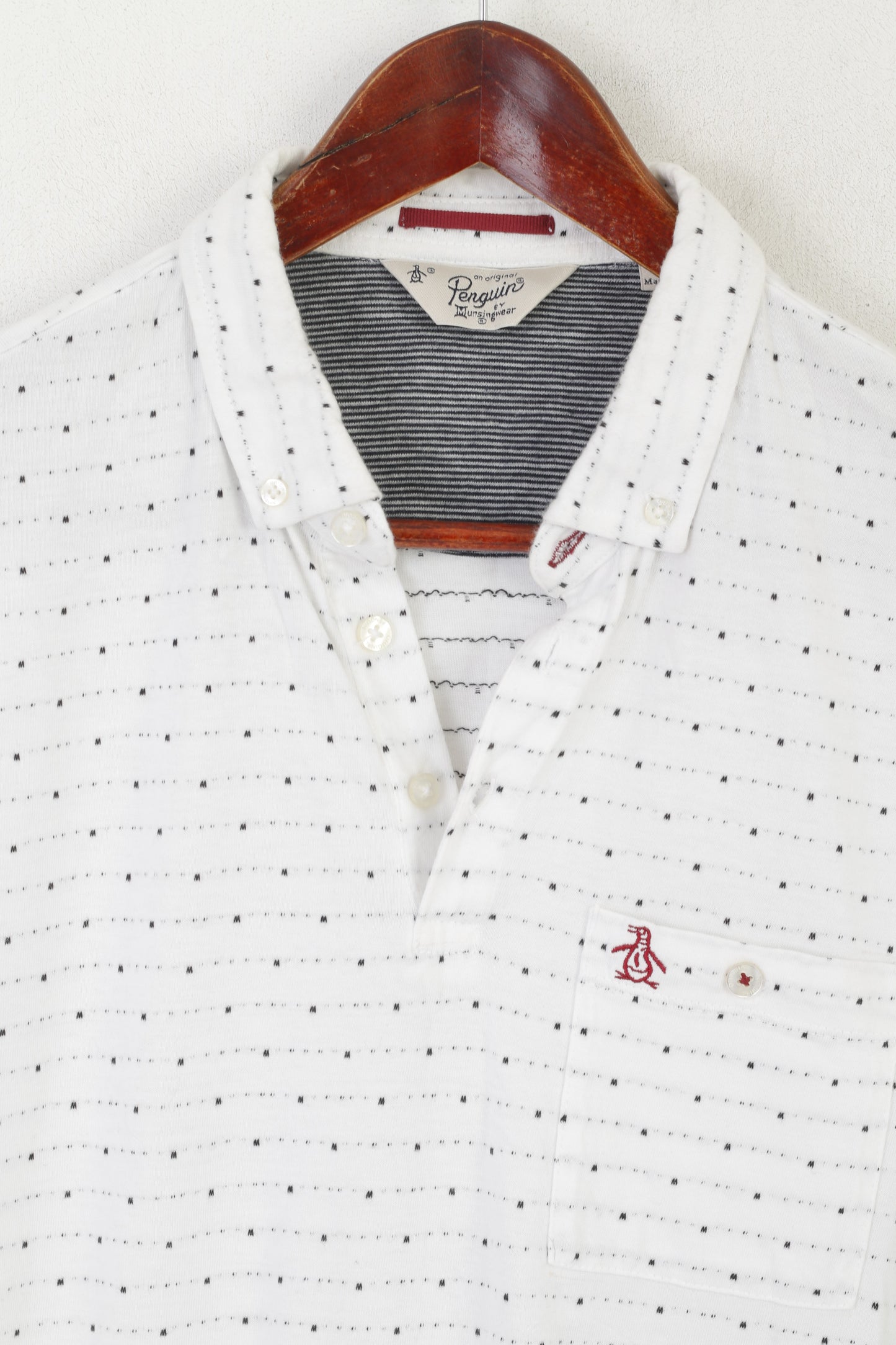 Penguin Men M Polo Shirt White Cotton Printed Detailed Buttons Logo Top