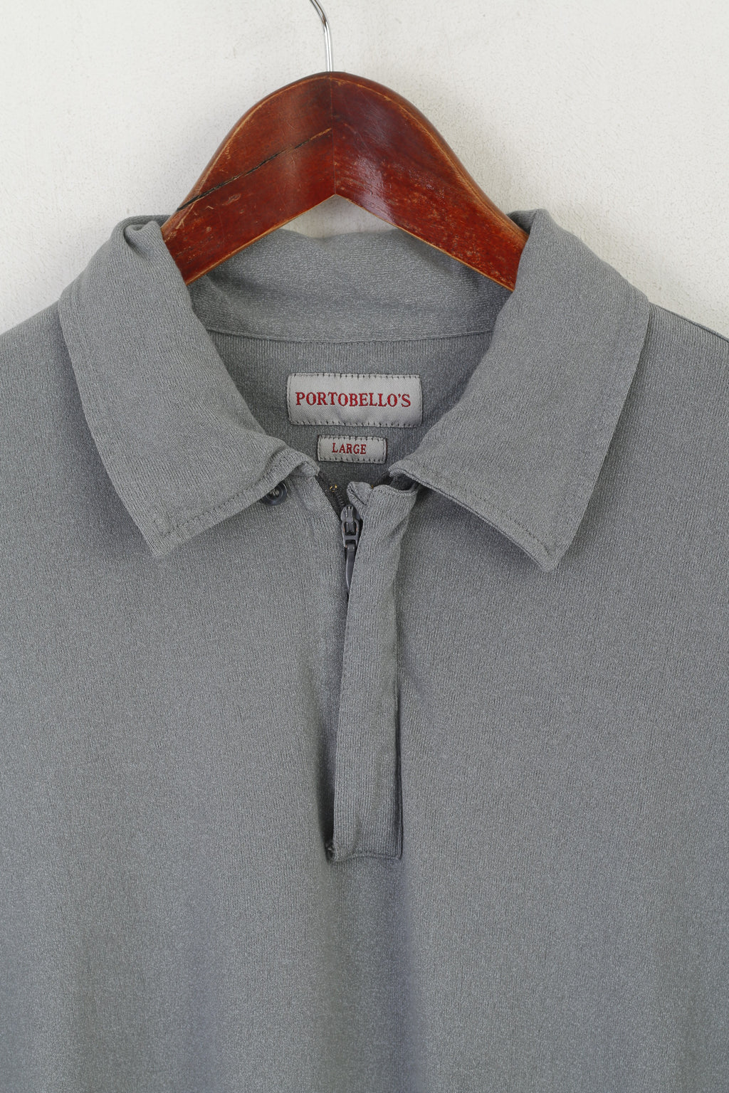 Portobello's Men L Polo Shirt Gray Vintage Plain Viscose Zip Neck Italy Top