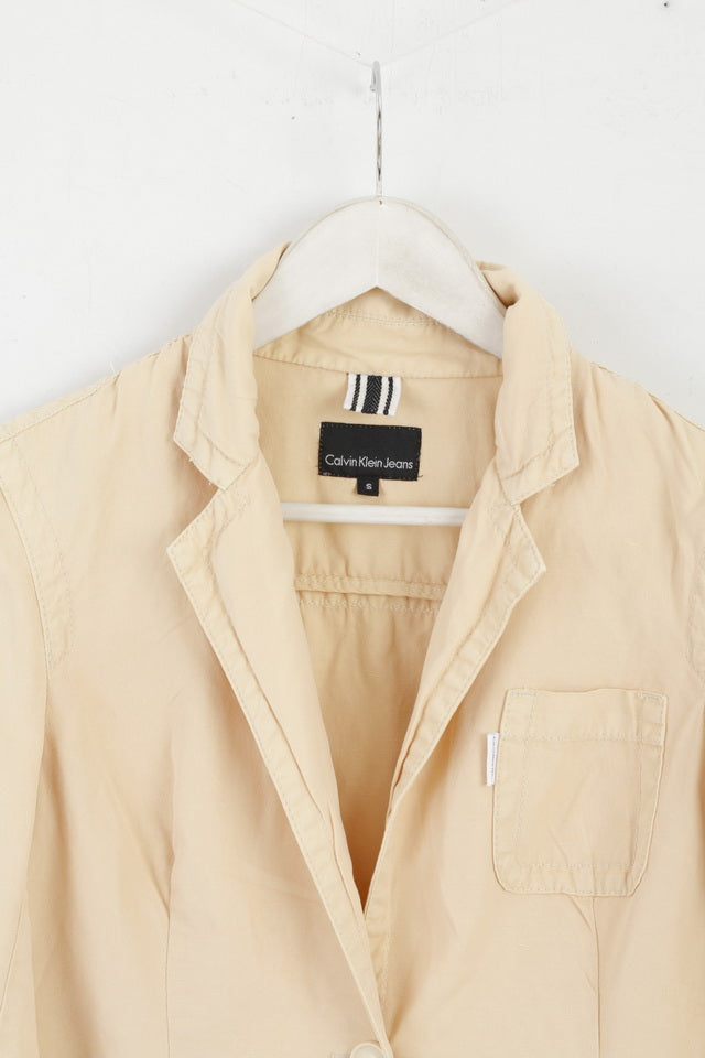 Calvin Klein Jeans Womens S Blazer Cream Cotton Three Pockets Classic Jacket