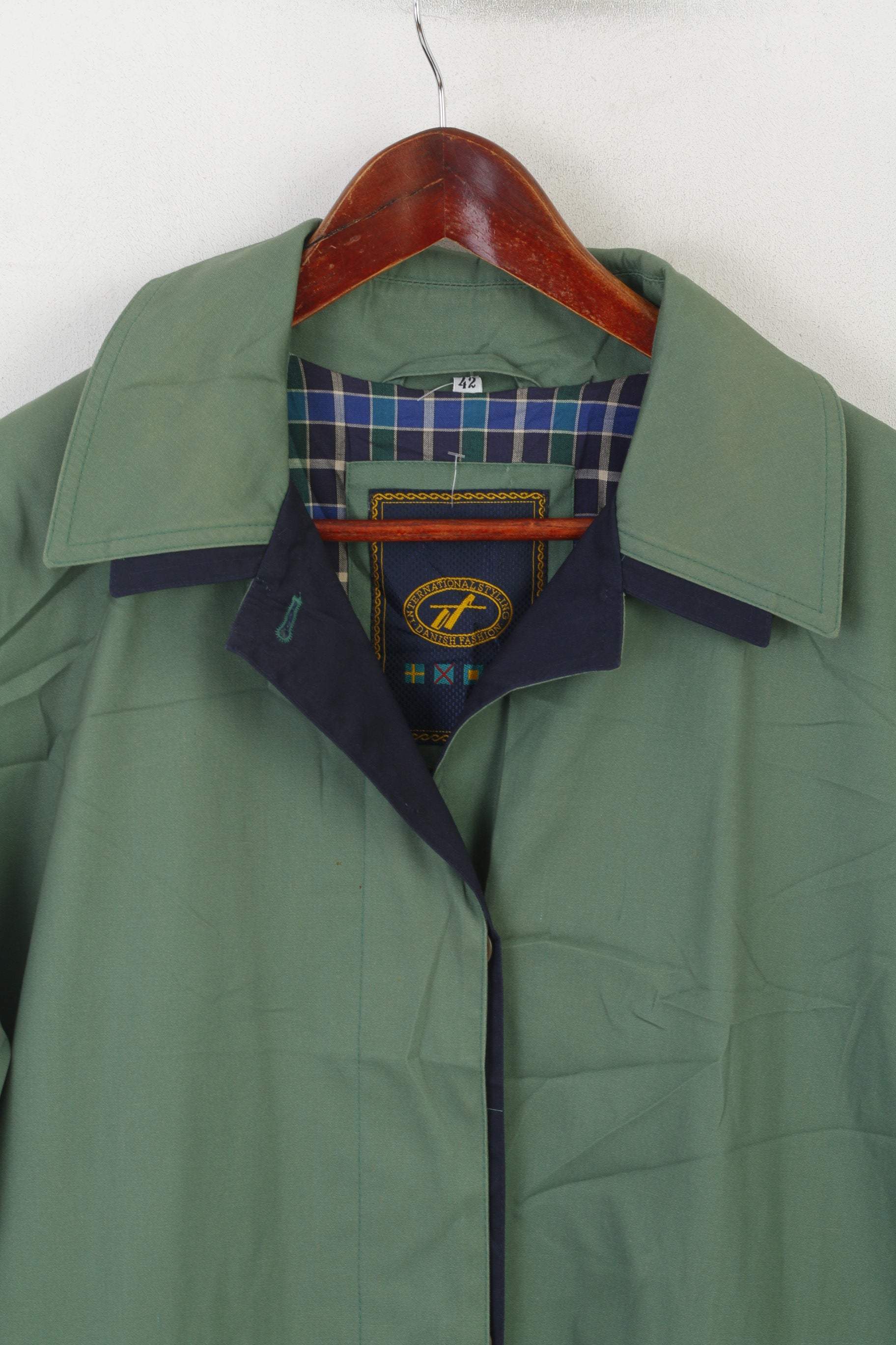 International Styling Danish Fashion Women 42 XL Coat Green Vintage Single Breasted Mac
