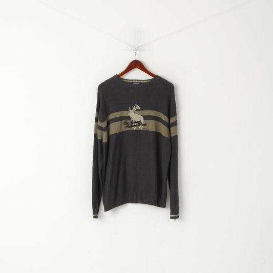 Lerros Men L Jumper Grey Cotton Crew Neck Deer Elk Isand National Park Sweater