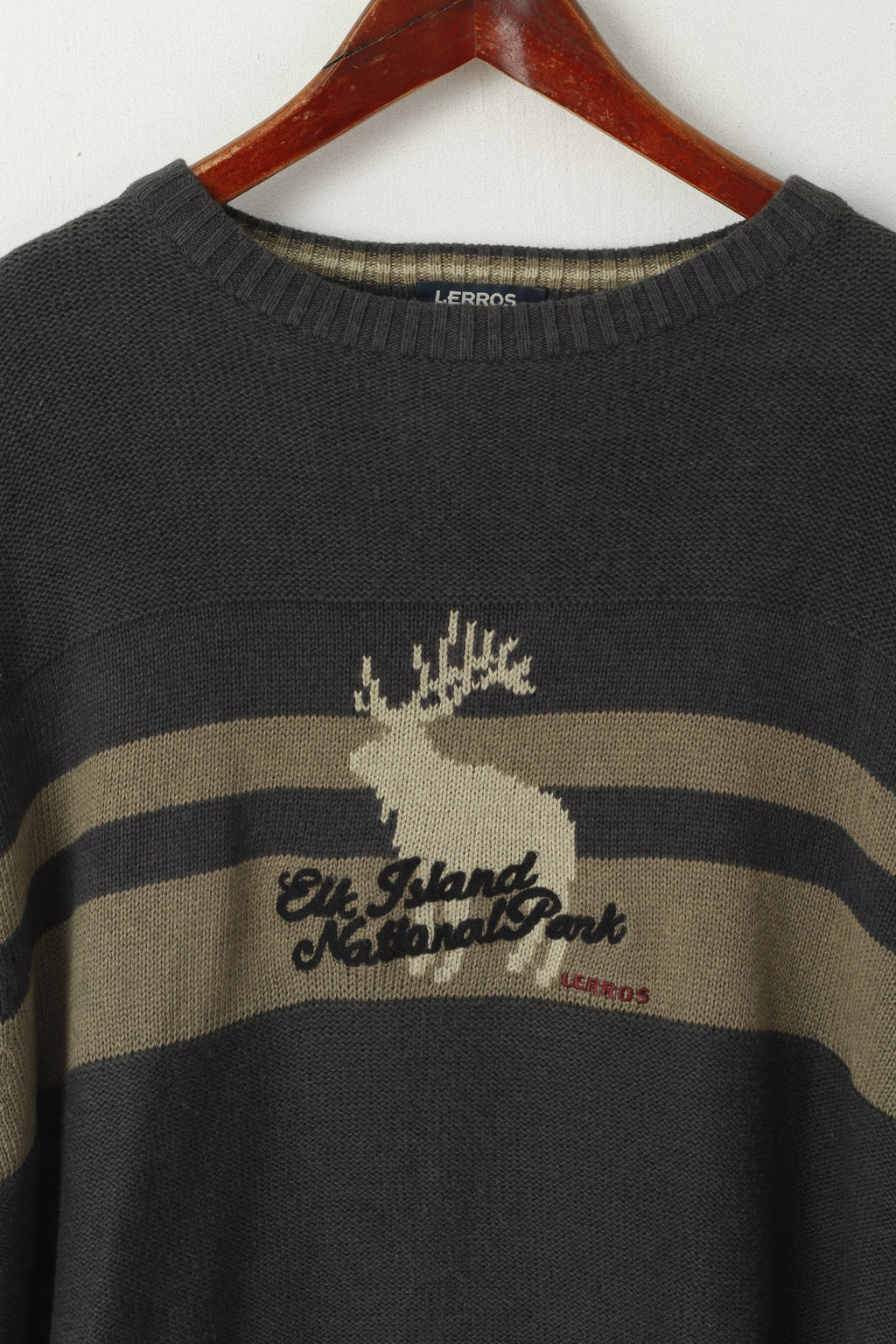 Lerros Uomo L Maglione Grigio Cotone Girocollo Deer Elk Isand Maglione del Parco Nazionale