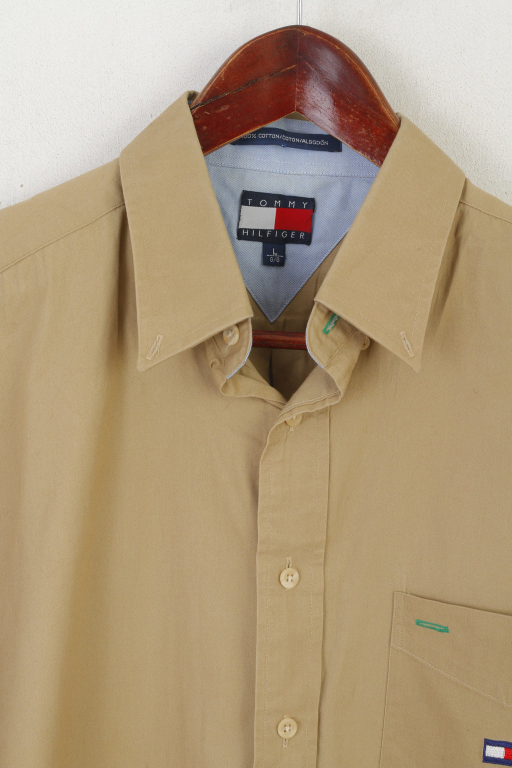 Tommy Hilfiger Men L Casual Shirt Beige Cotton Pocket Buttons Down Collar Top