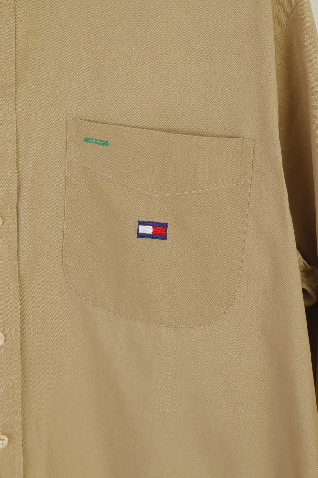 Tommy Hilfiger Men L Casual Shirt Beige Cotton Pocket Buttons Down Collar Top