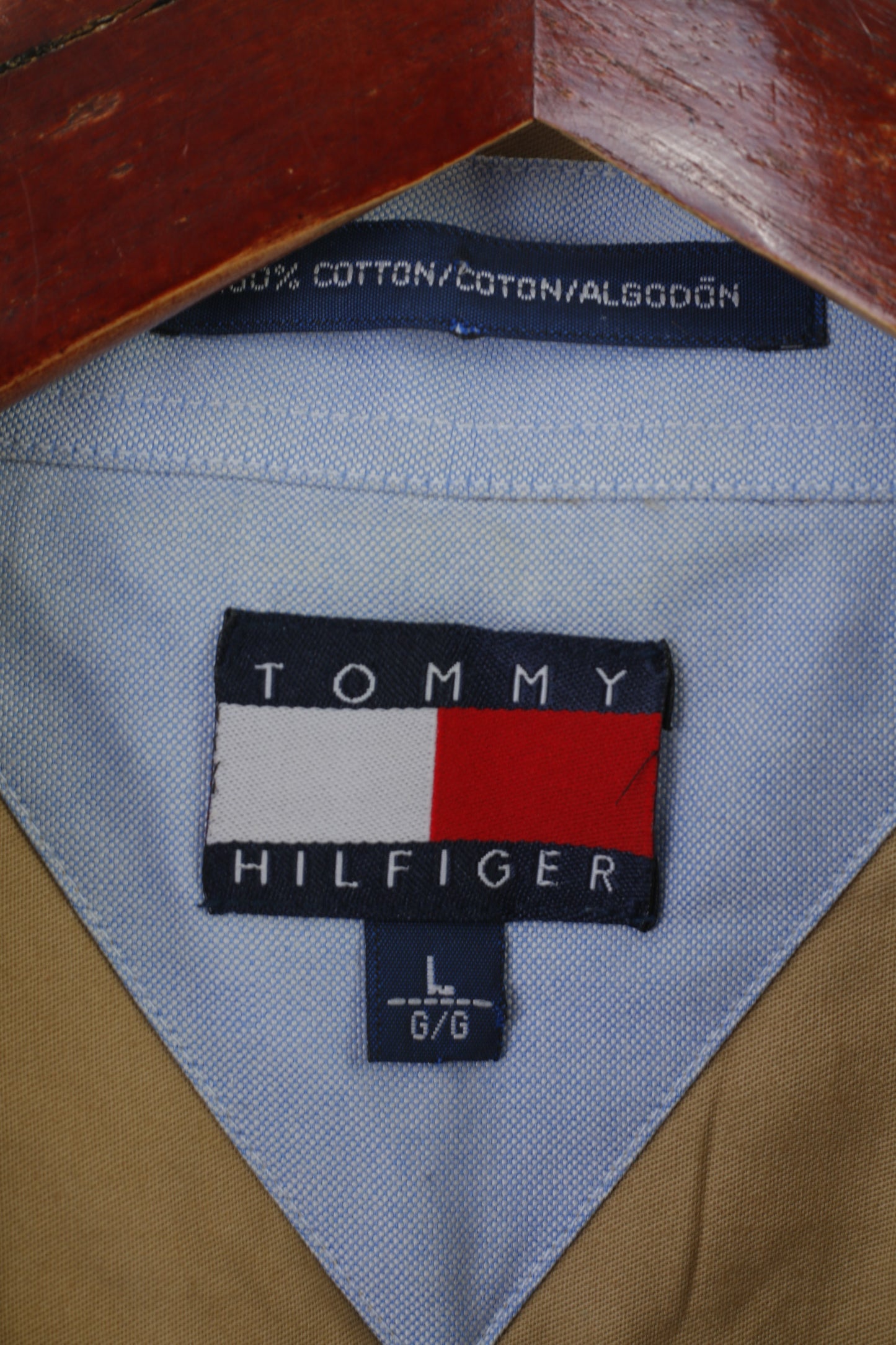 Tommy Hilfiger Men L Casual Shirt Beige Cotton Pocket Buttons Down Collar Top