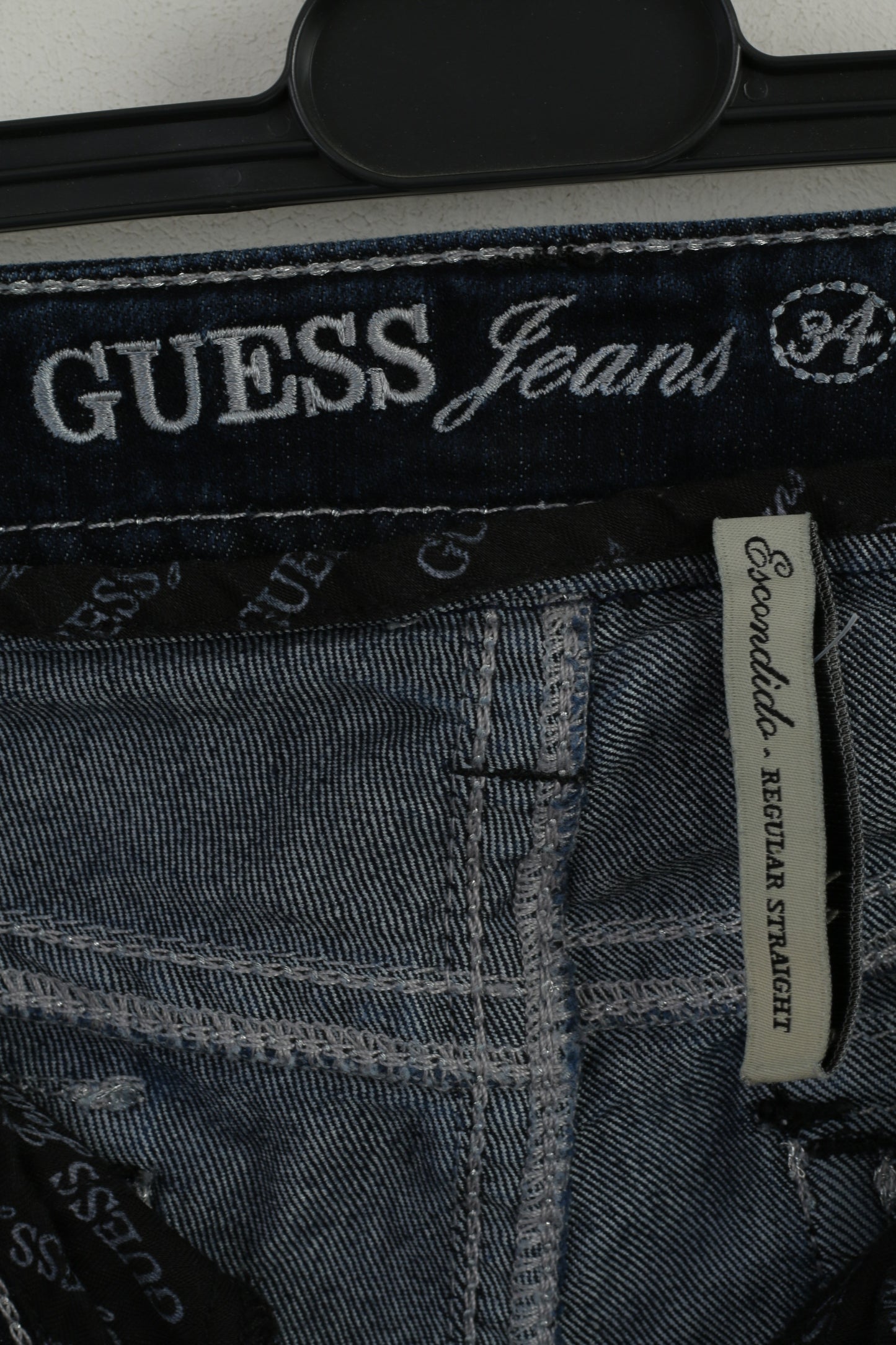 Guess Jeans Femme 34 Pantalon Jeans Pantalon Droit Regular En Coton Denim Bleu Marine