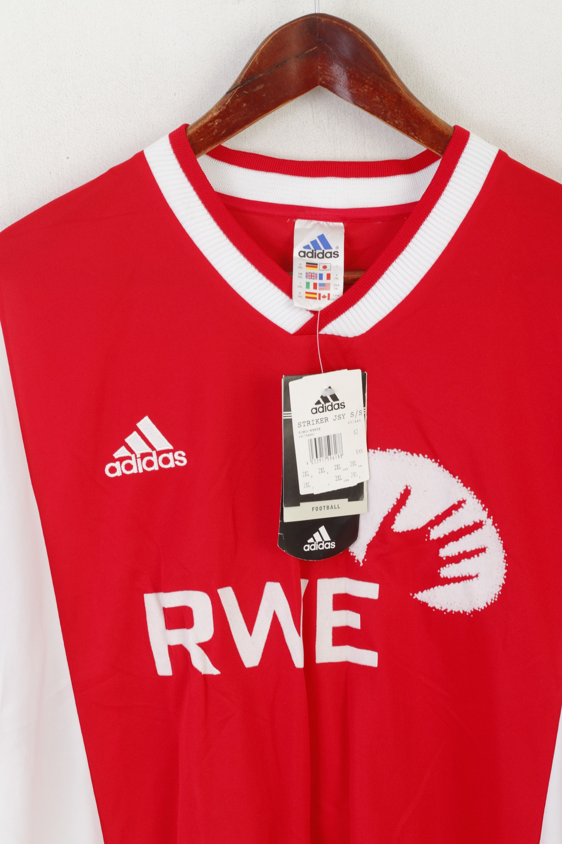 Nouveau Adidas hommes 2XL chemise rouge blanc Football #2 RWE Striker maillot col en V haut