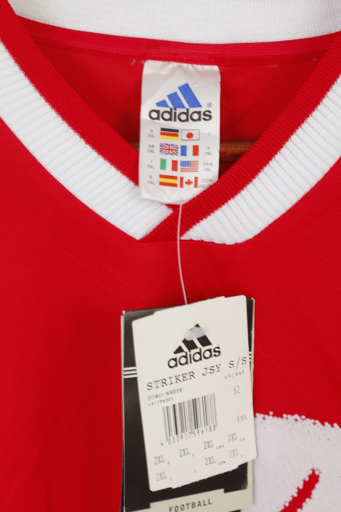 Nuova maglia Adidas da uomo 2XL rosso bianco calcio n. 2 RWE Striker maglia con scollo a V