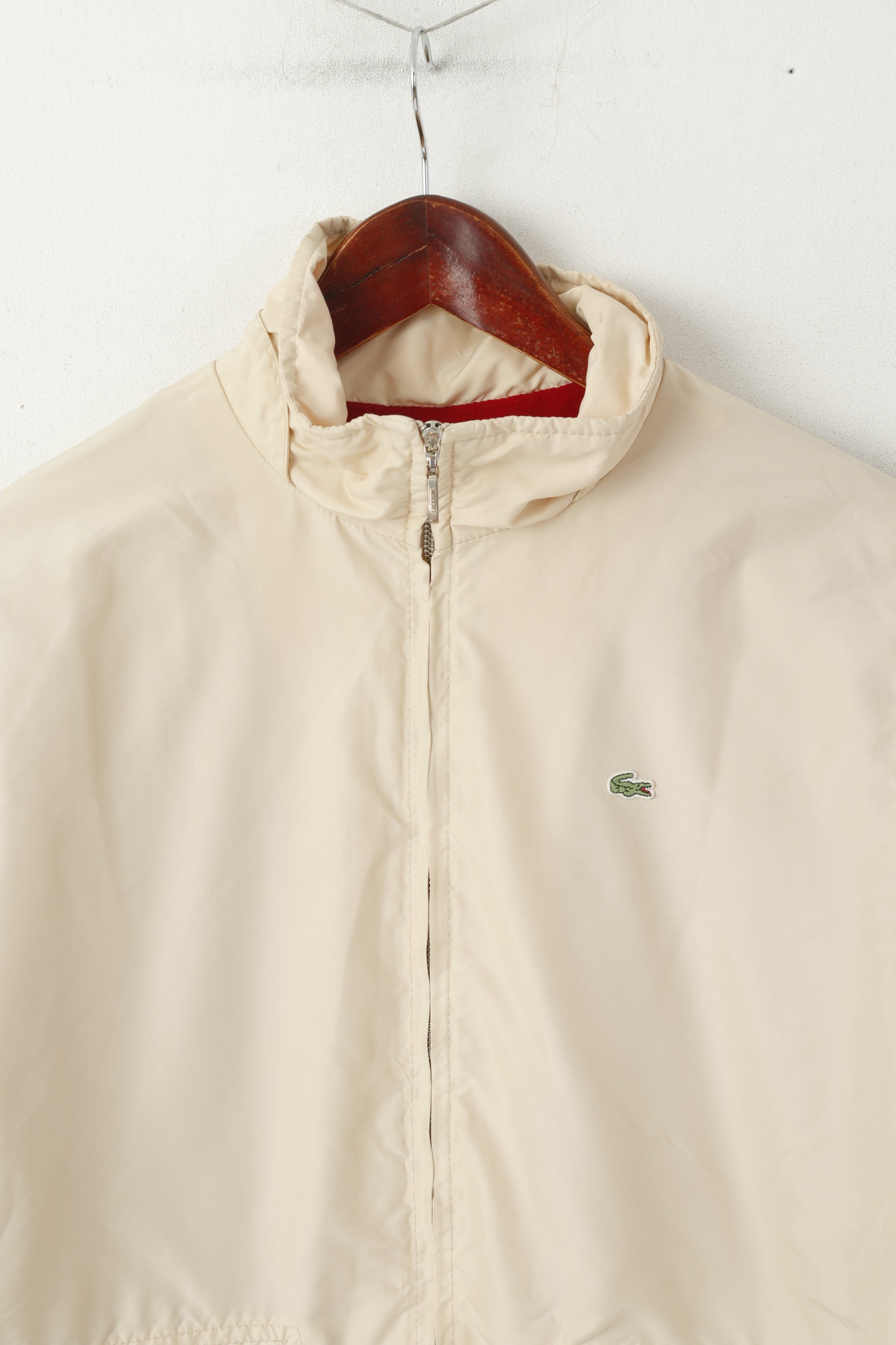 Lacoste Women 46 L Jacket Cream Shiny Vintage Fleece Lined Full Zipper Classic Top